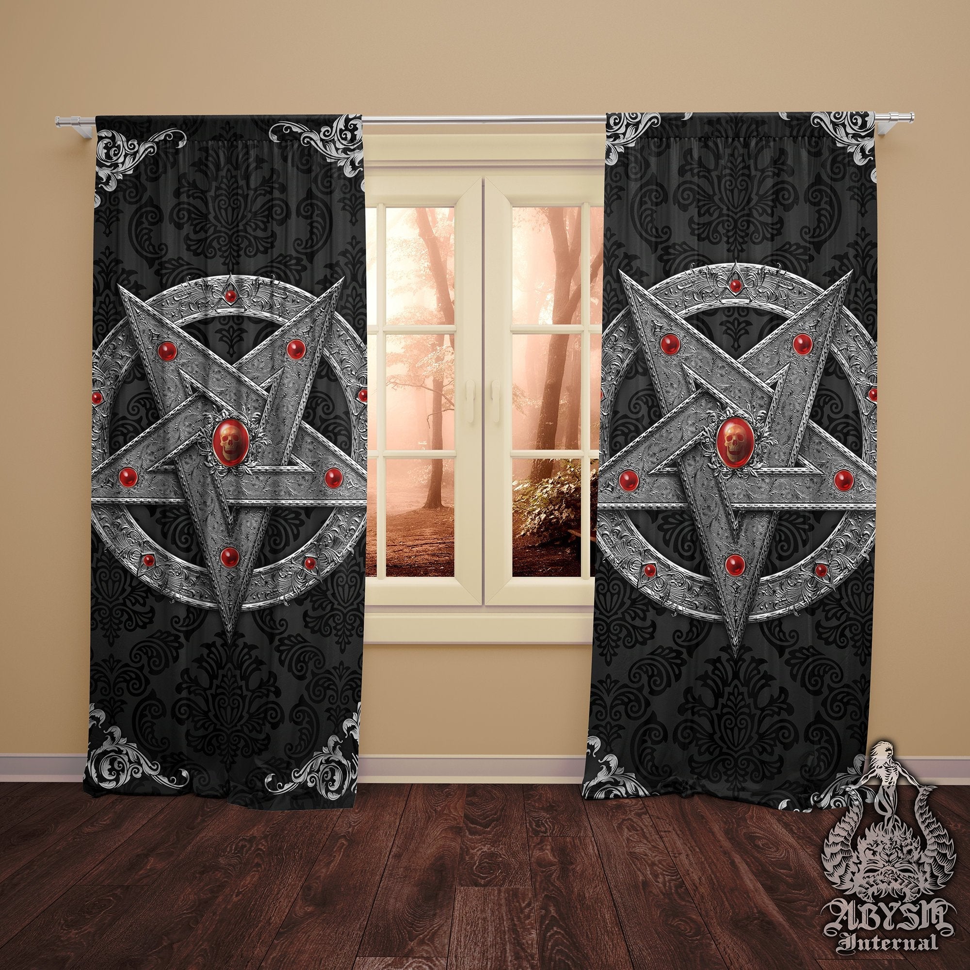 Pentagram Blackout Curtains, Long Window Panels, Satanic Goth Home Decor, Art Print - Silver - Abysm Internal