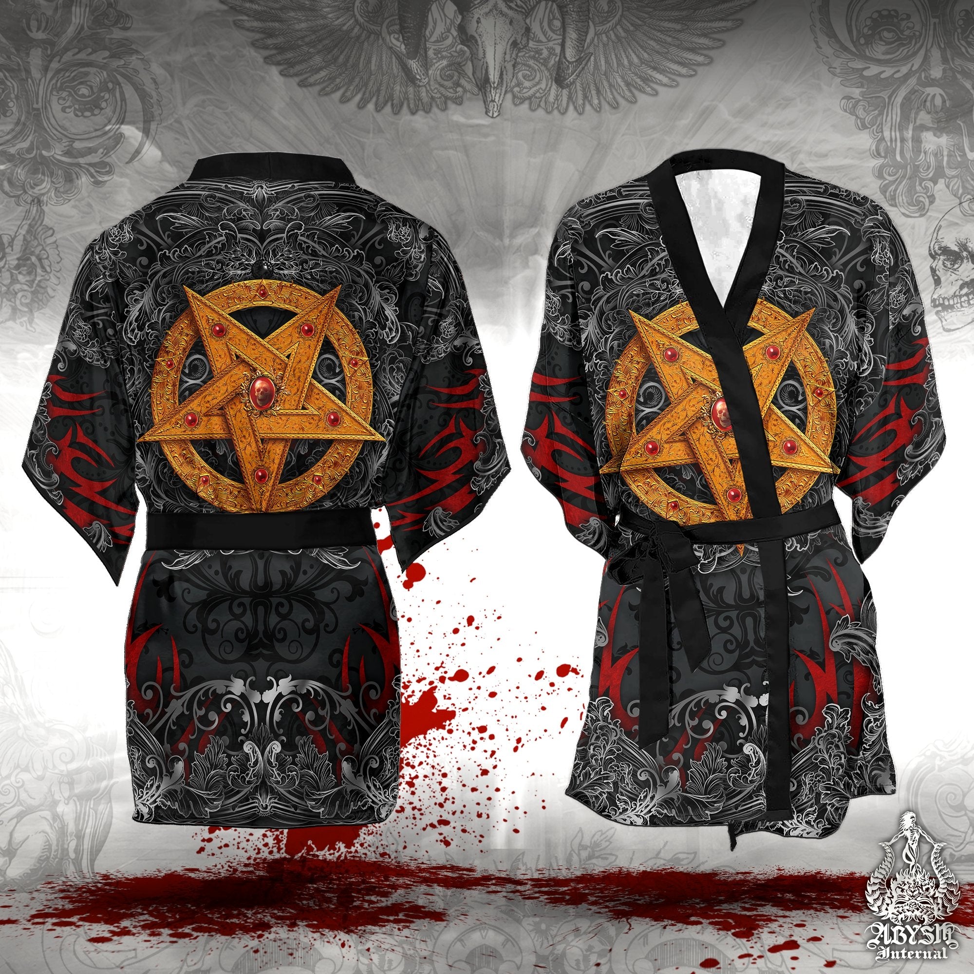 Pentagram Cover Up, Beach Outfit, Party Kimono, Metal Summer Festival Robe, Satanic Gothic Indie and Alternative Clothing, Unisex - Gold Black - Abysm Internal
