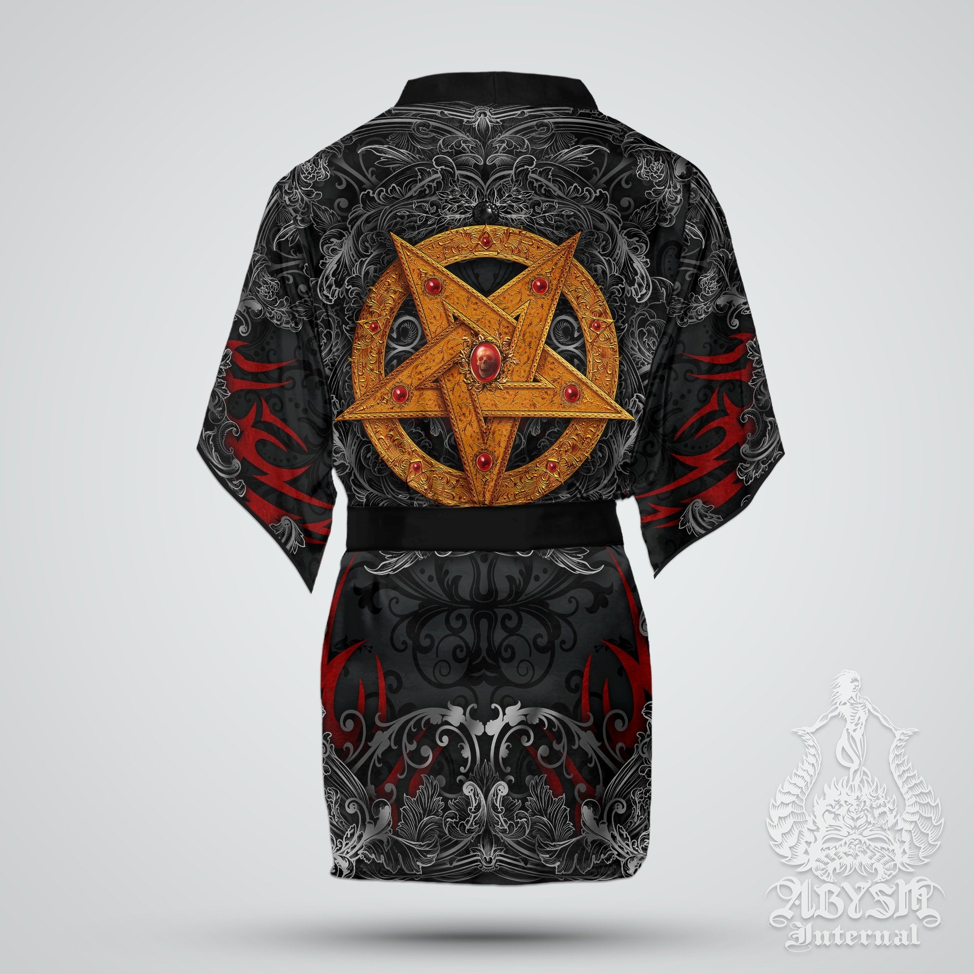 Pentagram Cover Up, Beach Outfit, Party Kimono, Metal Summer Festival Robe, Satanic Gothic Indie and Alternative Clothing, Unisex - Gold Black - Abysm Internal