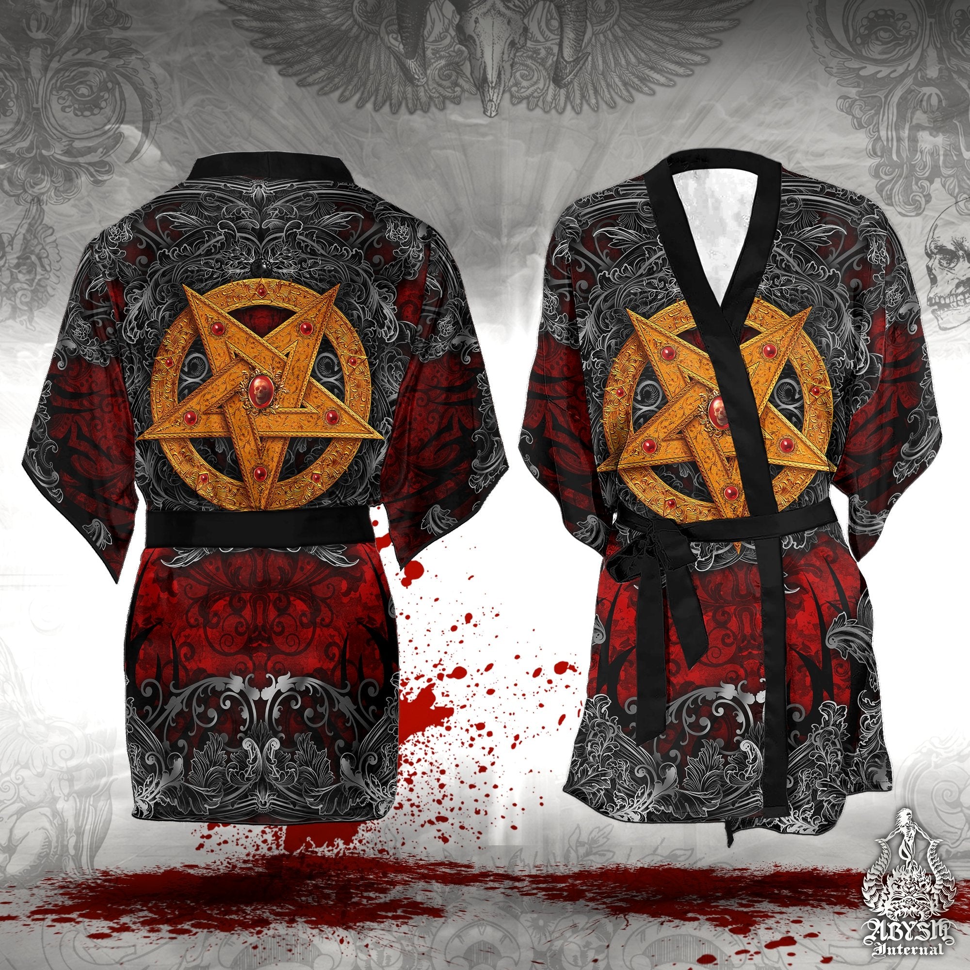 Pentagram Cover Up, Beach Outfit, Party Kimono, Metal Summer Festival Robe, Satanic Gothic Indie and Alternative Clothing, Unisex - Gold Red - Abysm Internal