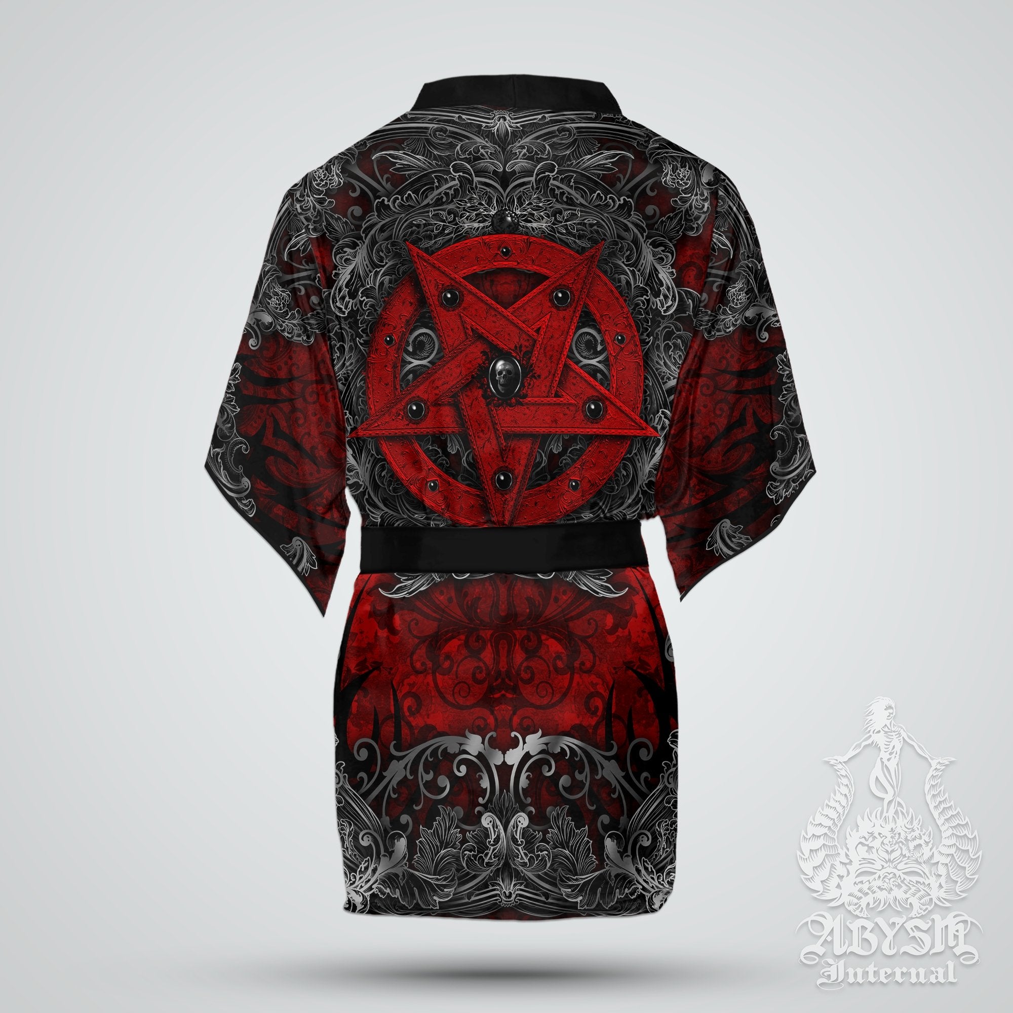 Pentagram Cover Up, Beach Outfit, Party Kimono, Metal Summer Festival Robe, Satanic Gothic Indie and Alternative Clothing, Unisex - Red - Abysm Internal