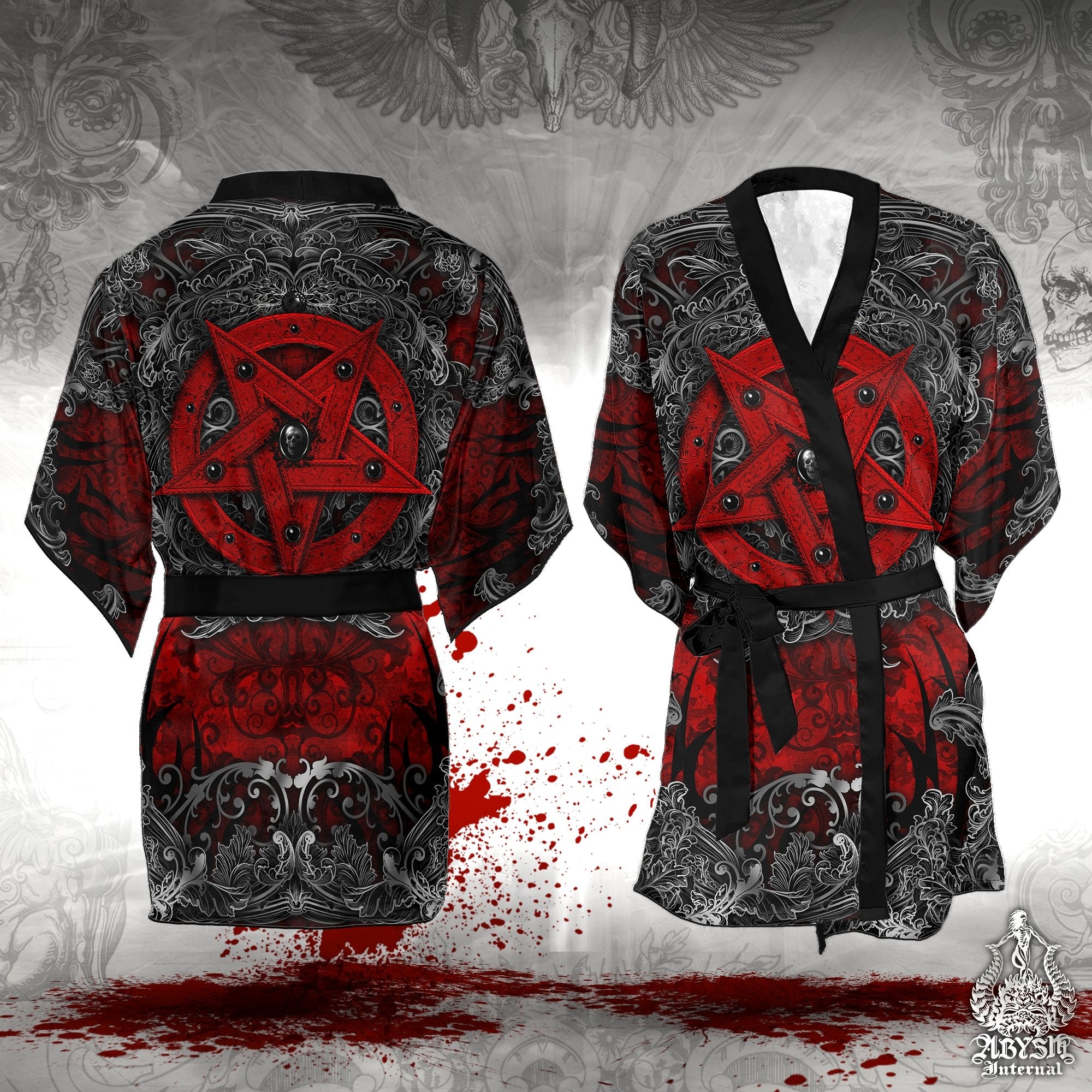 Pentagram Cover Up, Beach Outfit, Party Kimono, Metal Summer Festival Robe, Satanic Gothic Indie and Alternative Clothing, Unisex - Red - Abysm Internal