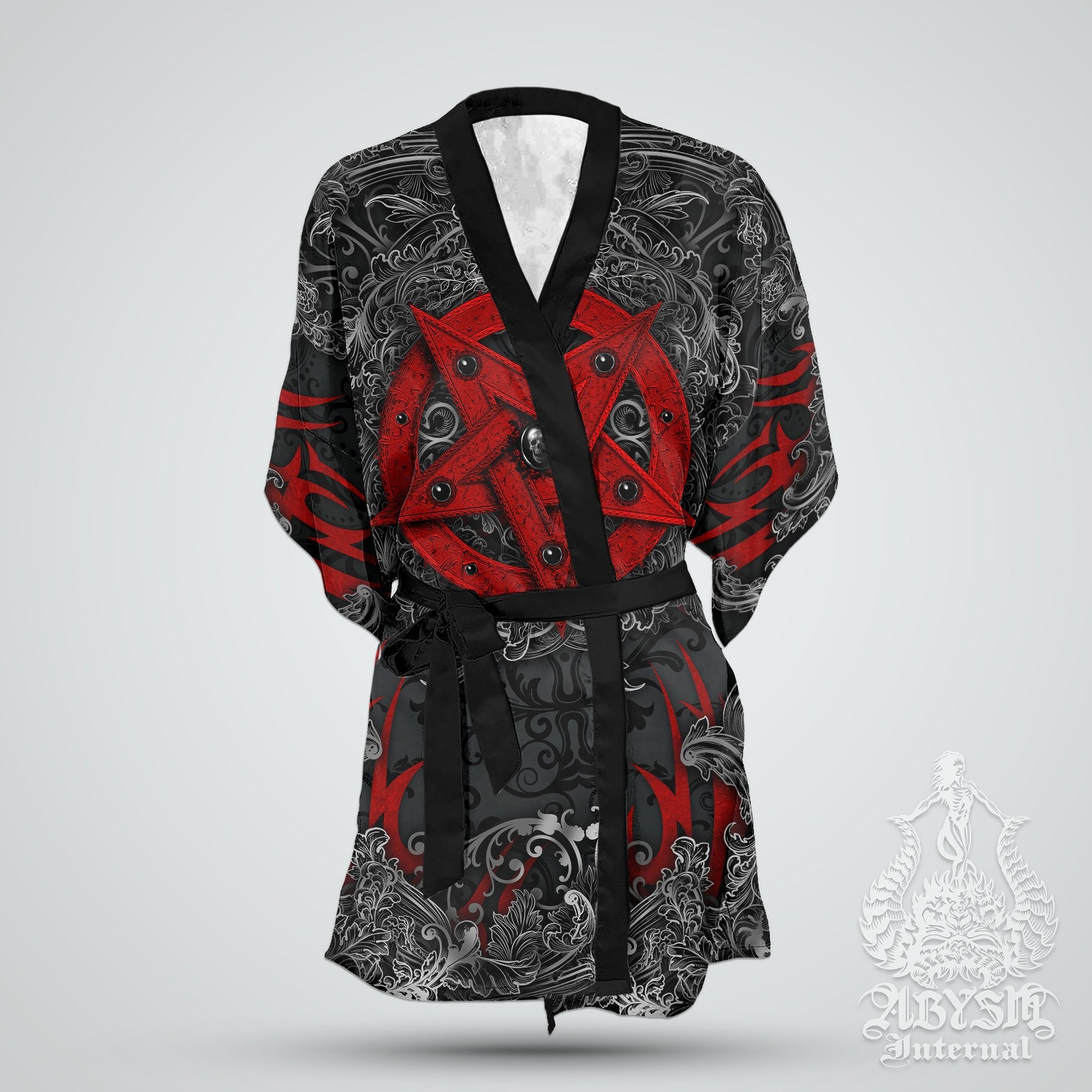 Pentagram Cover Up, Beach Outfit, Party Kimono, Metal Summer Festival Robe, Satanic Gothic Indie and Alternative Clothing, Unisex - Red Black - Abysm Internal