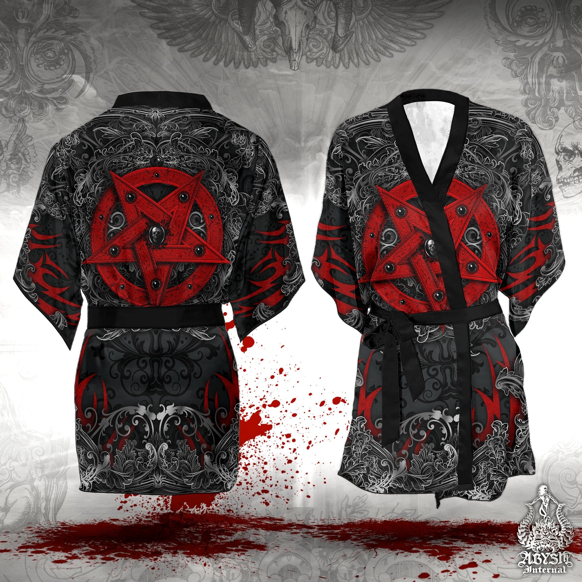 Pentagram Cover Up, Beach Outfit, Party Kimono, Metal Summer Festival Robe, Satanic Gothic Indie and Alternative Clothing, Unisex - Red Black - Abysm Internal