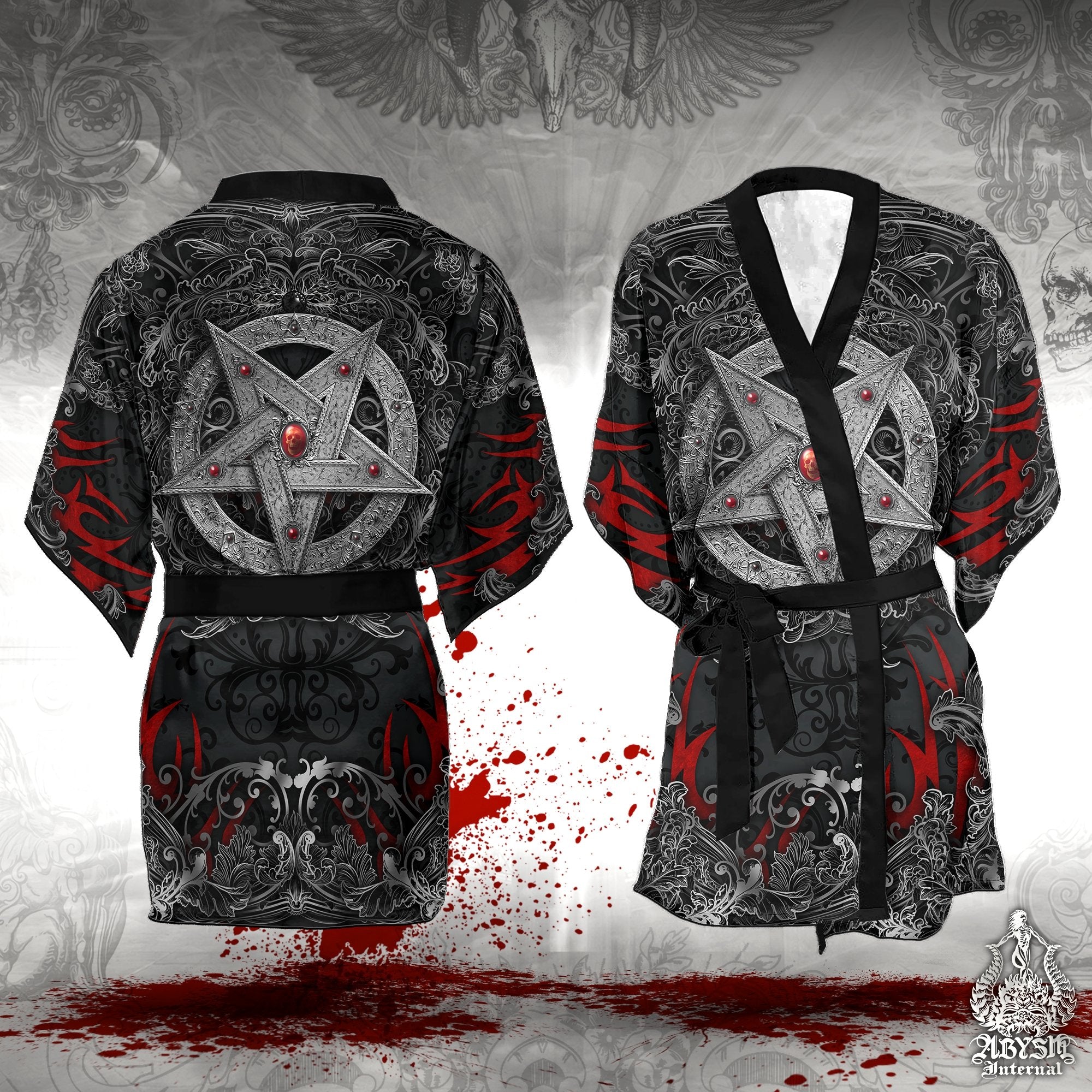 Pentagram Cover Up, Beach Outfit, Party Kimono, Metal Summer Festival Robe, Satanic Gothic Indie and Alternative Clothing, Unisex - Silver Black - Abysm Internal