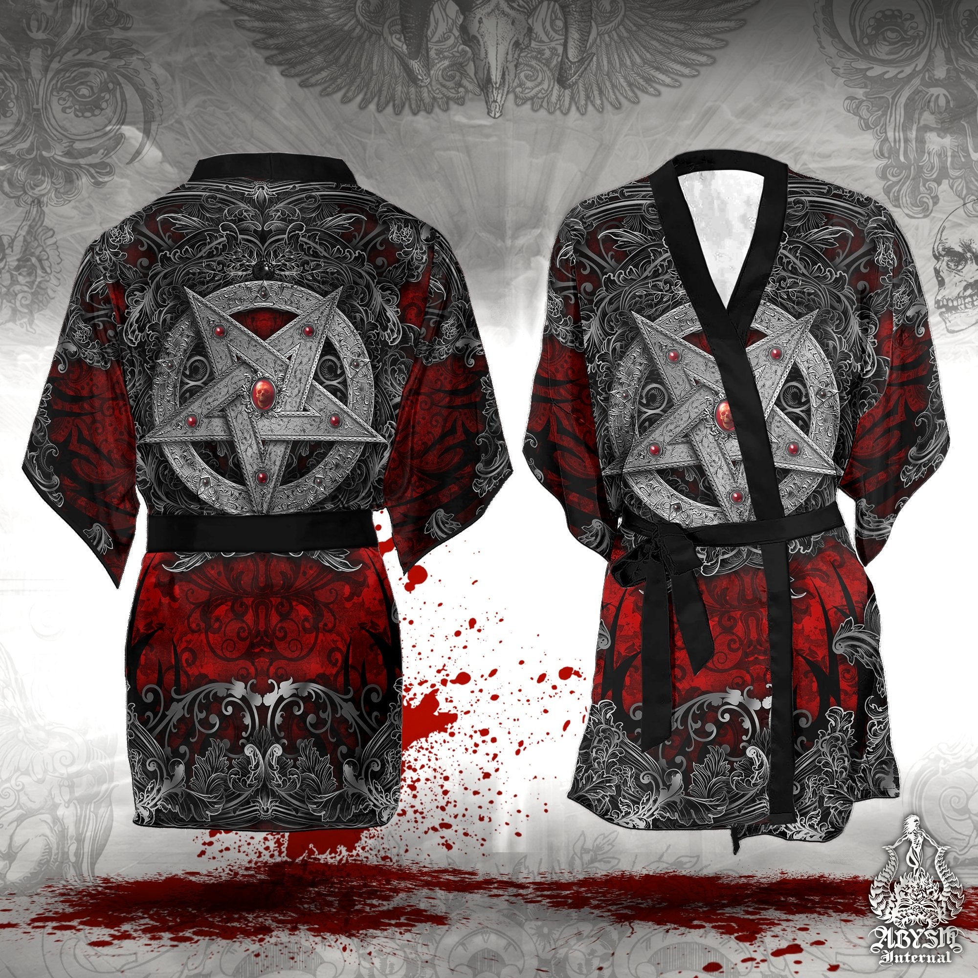 Pentagram Cover Up, Beach Outfit, Party Kimono, Metal Summer Festival Robe, Satanic Gothic Indie and Alternative Clothing, Unisex - Silver Red - Abysm Internal