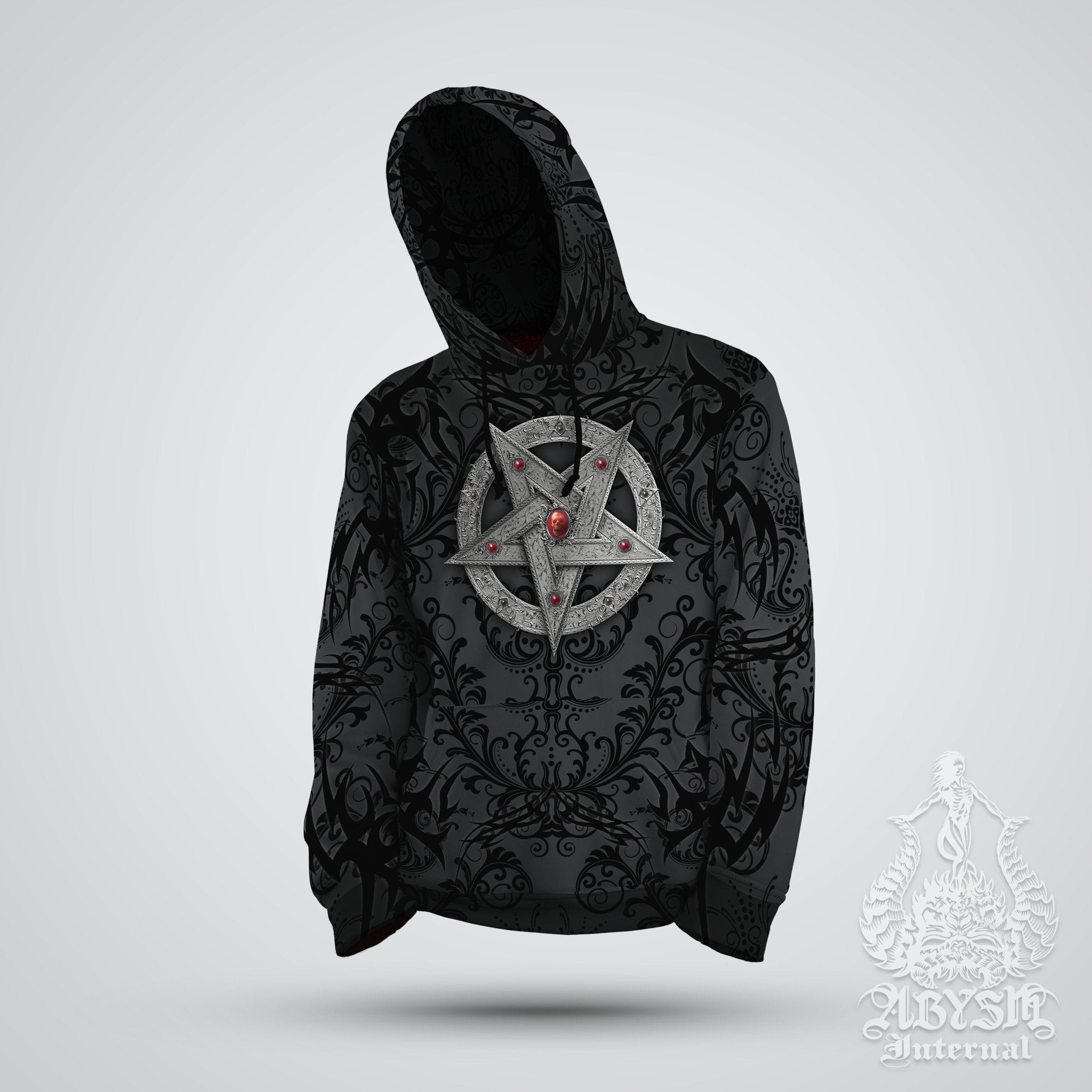 Pentagram Hoodie, Black Metal Streetwear, Gothic Sweater, Satanic Goth, Alternative Clothing, Unisex - Silver Black - Abysm Internal