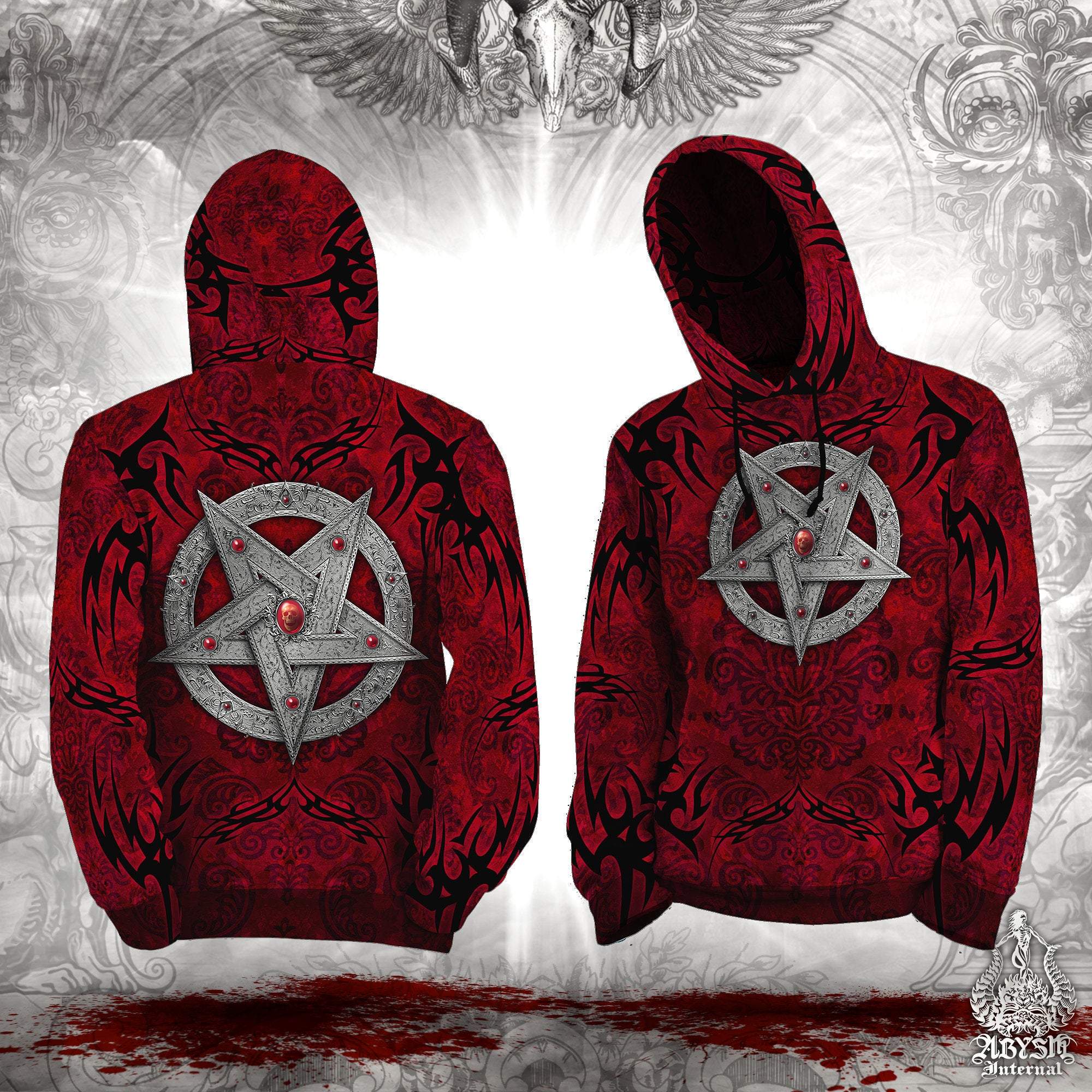 Pentagram Hoodie, Black Metal Streetwear, Gothic Sweater, Satanic Goth, Alternative Clothing, Unisex - Silver Red - Abysm Internal