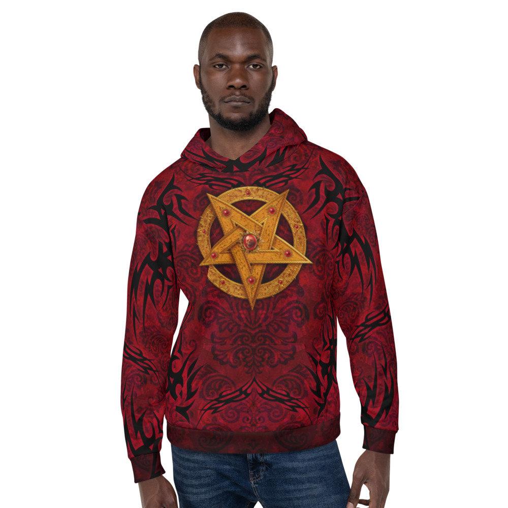 Pentagram Hoodie, Black Metal Streetwear, Gothic Sweater, Satanic Goth Outfit, Alternative Clothing, Unisex - Gold Red - Abysm Internal