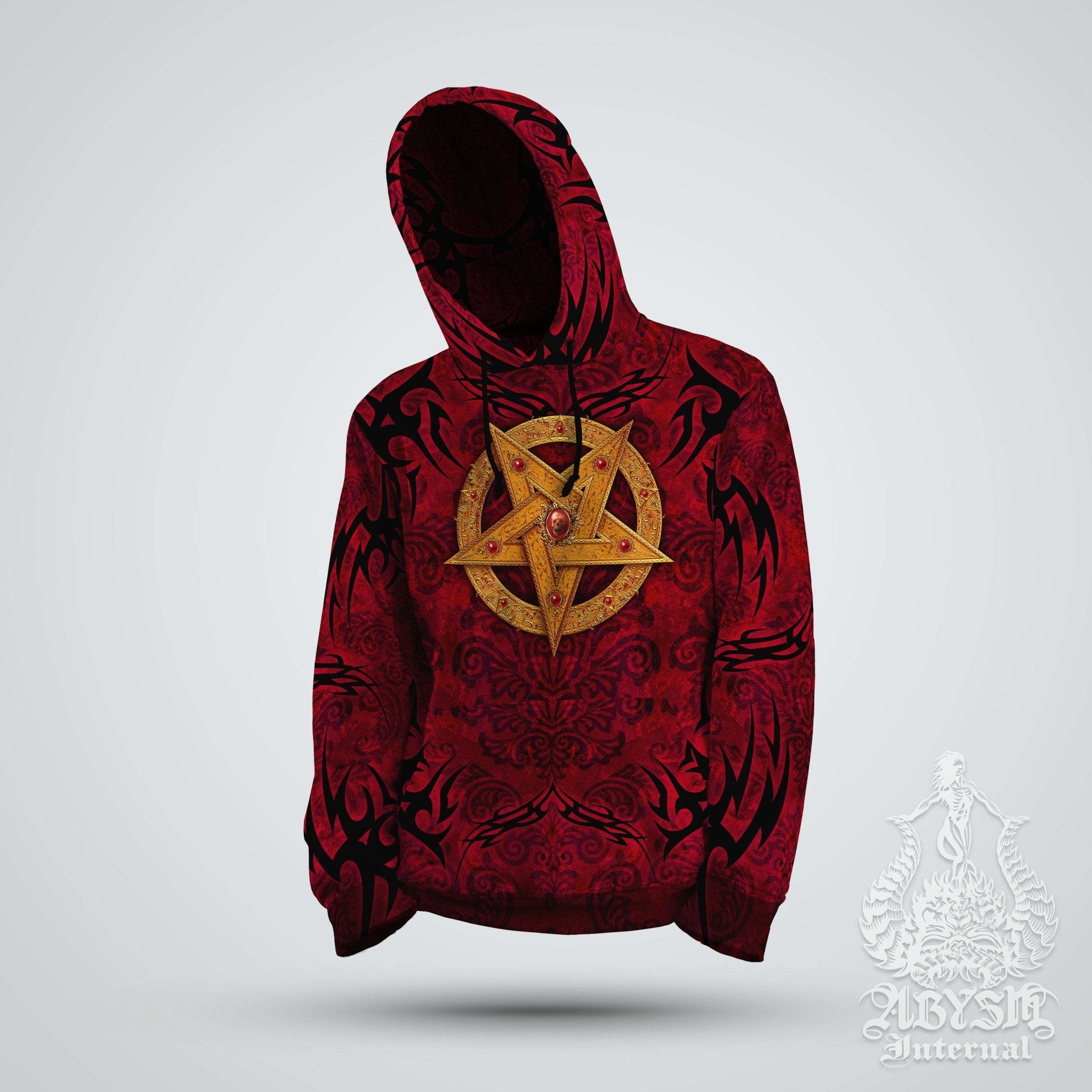 Pentagram Hoodie, Black Metal Streetwear, Gothic Sweater, Satanic Goth Outfit, Alternative Clothing, Unisex - Gold Red - Abysm Internal