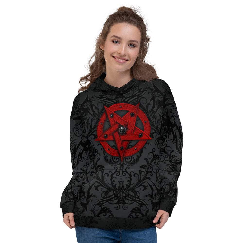 Pentagram Hoodie, Black Metal Streetwear, Gothic Sweater, Satanic Goth Outfit, Alternative Clothing, Unisex - Red Black - Abysm Internal