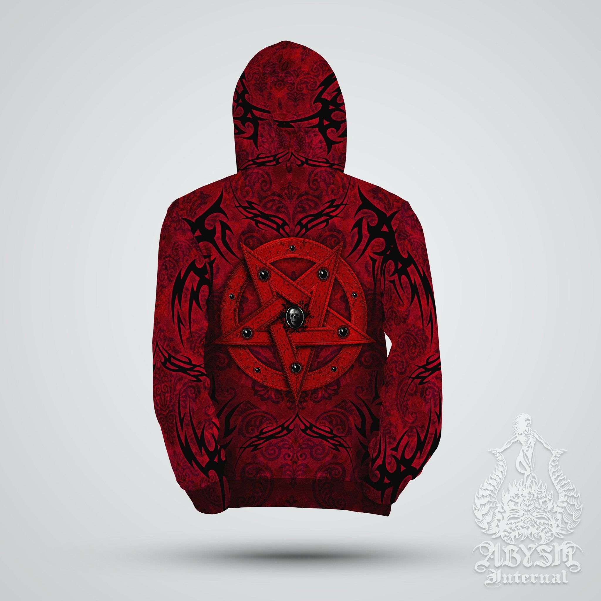 Pentagram Hoodie, Black Metal Streetwear, Gothic Sweater, Satanic Goth Outfit, Alternative Clothing, Unisex - Red on Red - Abysm Internal