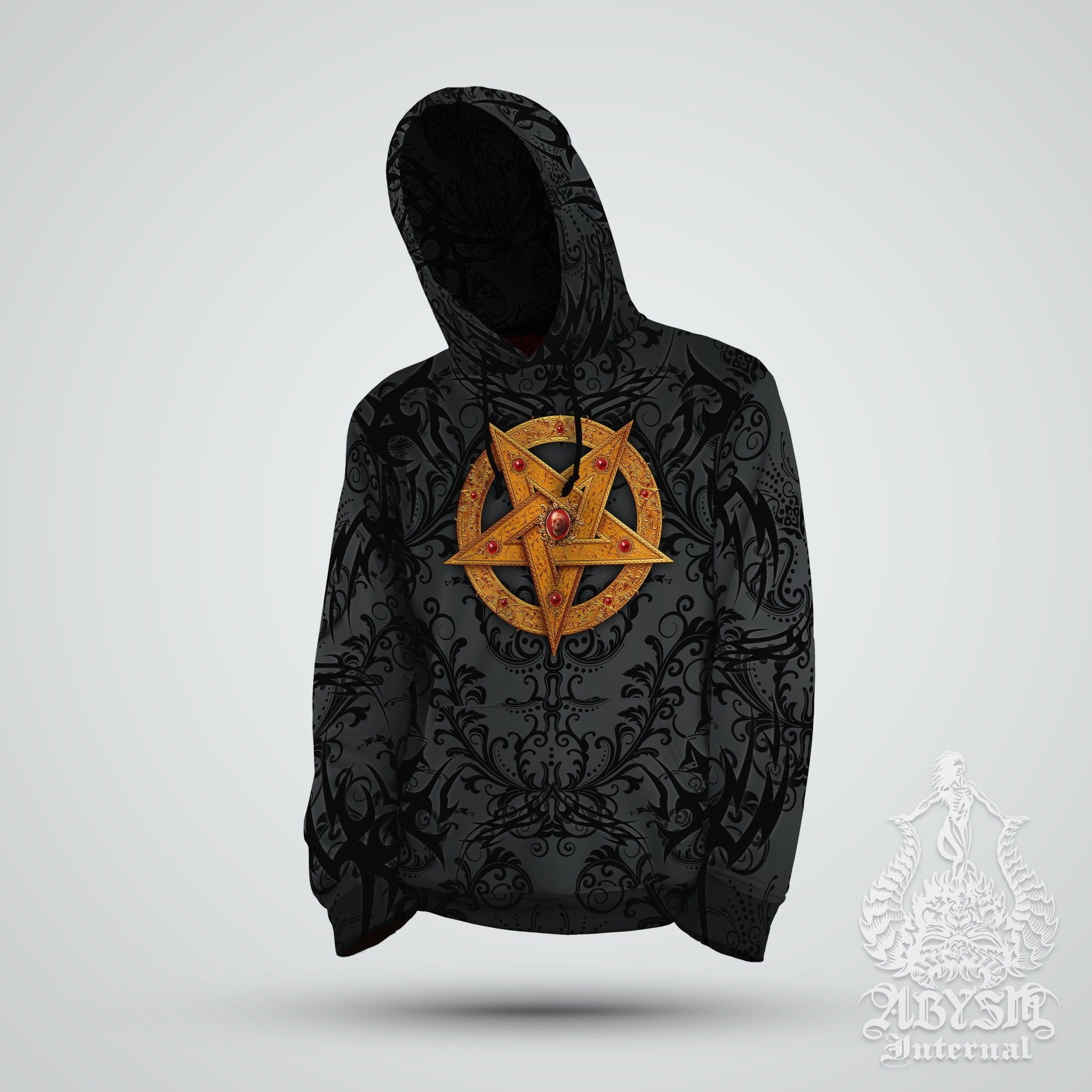 Pentagram Hoodie, Black Metal Streetwear, Street Outfit, Gothic Sweater, Satanic Goth, Alternative Clothing, Unisex - Gold Black - Abysm Internal