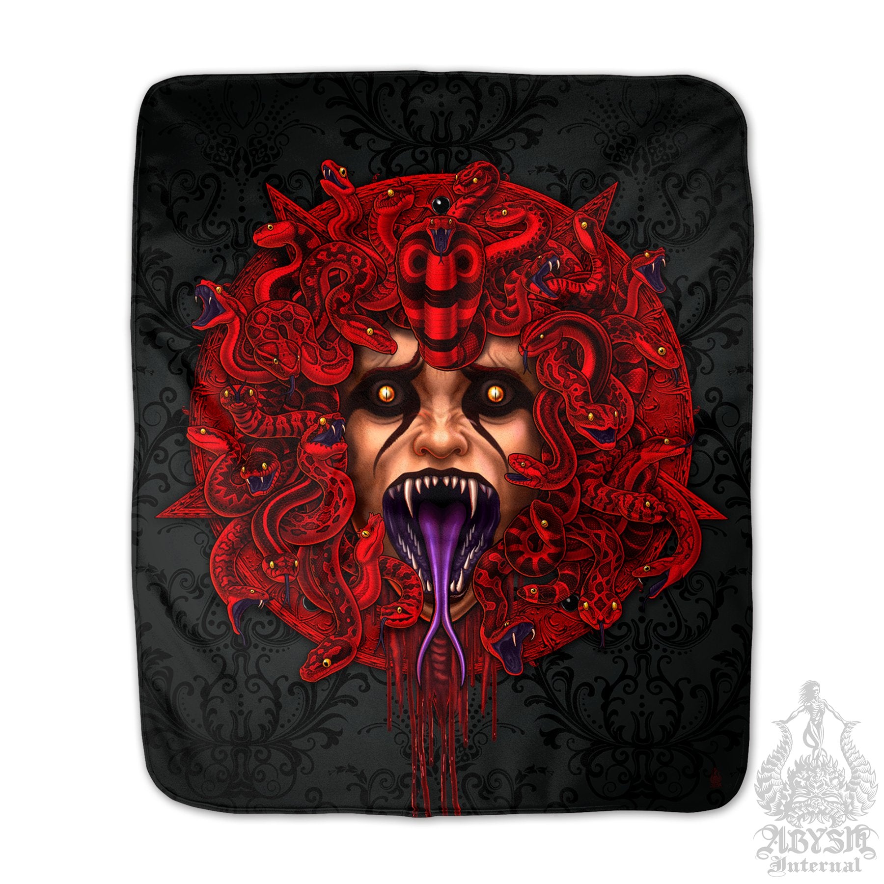 Pentagram Sherpa Fleece Throw Blanket, Satanic Demon Medusa, Goth Horror Decor, Alternative Skull Art Gift - Red Snakes, 3 Faces - Abysm Internal
