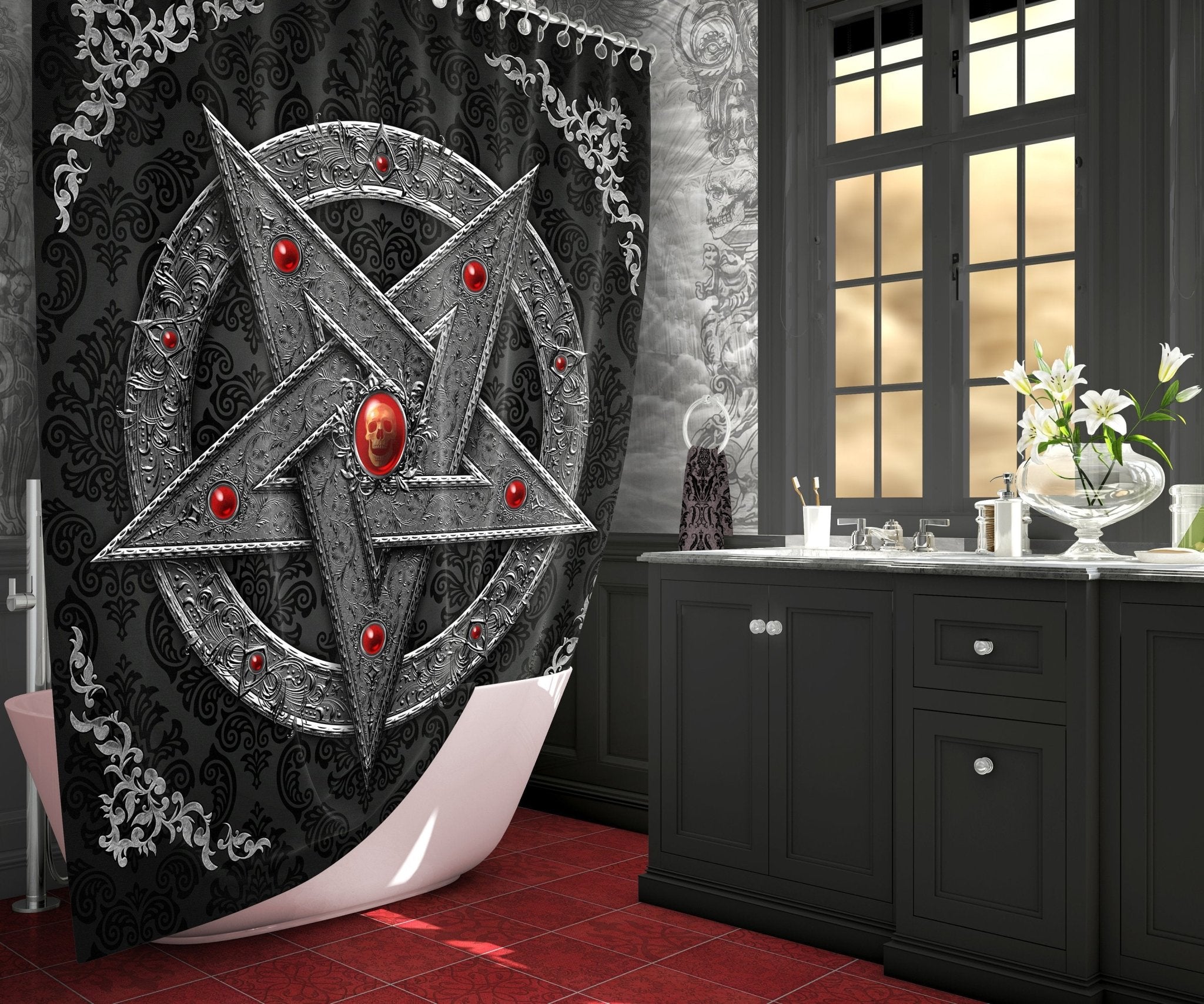 Pentagram Shower Curtain, Gothic Bathroom Decor, Satanic, Occult Decor - Silver - Abysm Internal