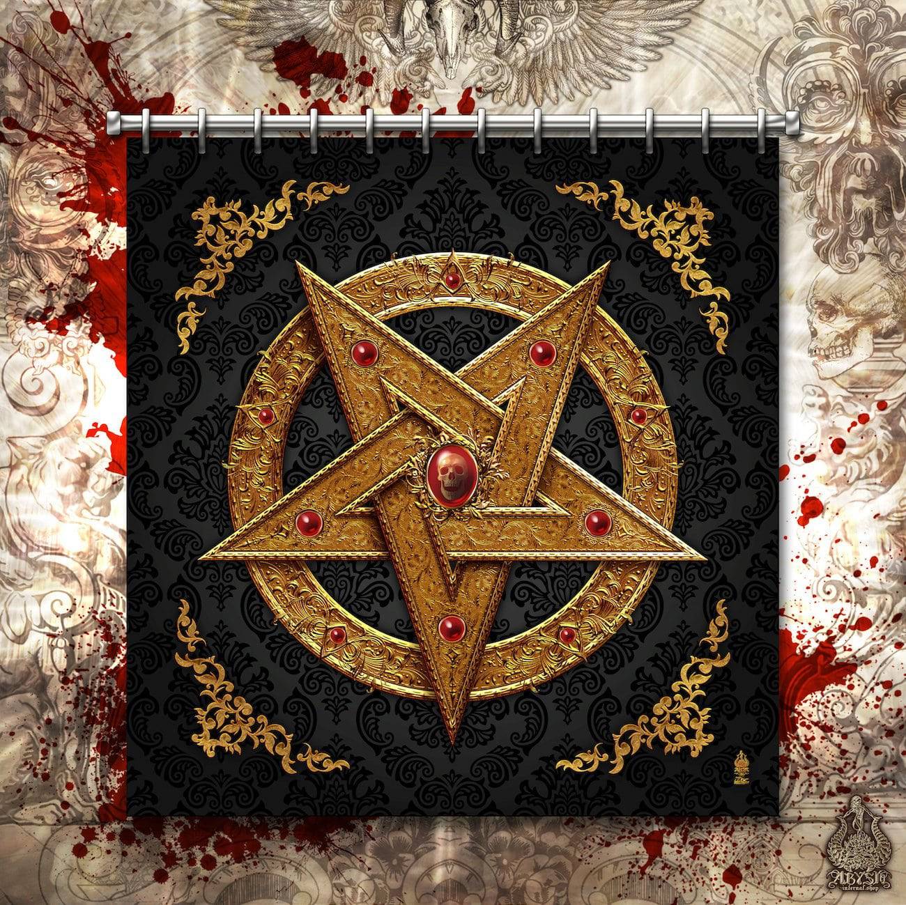 Pentagram Shower Curtain, Satanic and Gothic Bathroom Decor - Gold - Abysm Internal