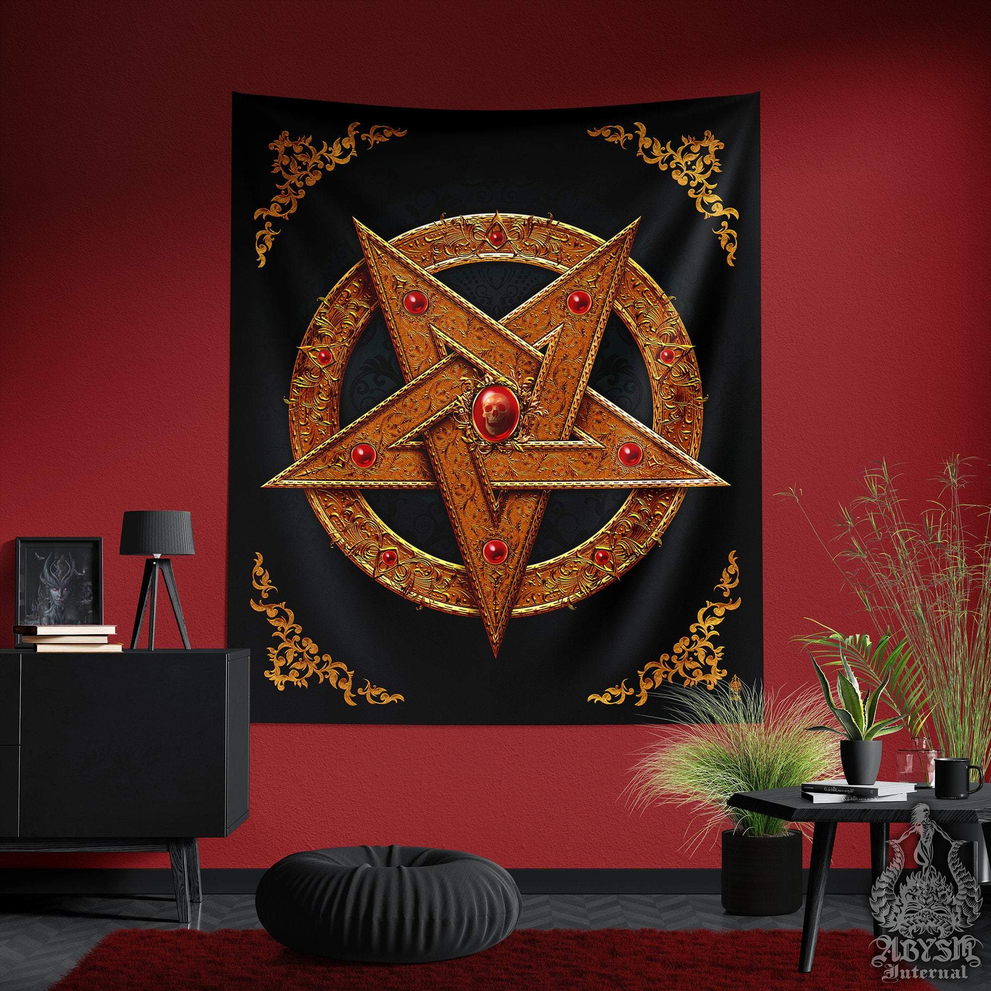 Pentagram Tapestry, Occult Wall Hanging, Satanic Home Decor, Art Print - Gold - Abysm Internal