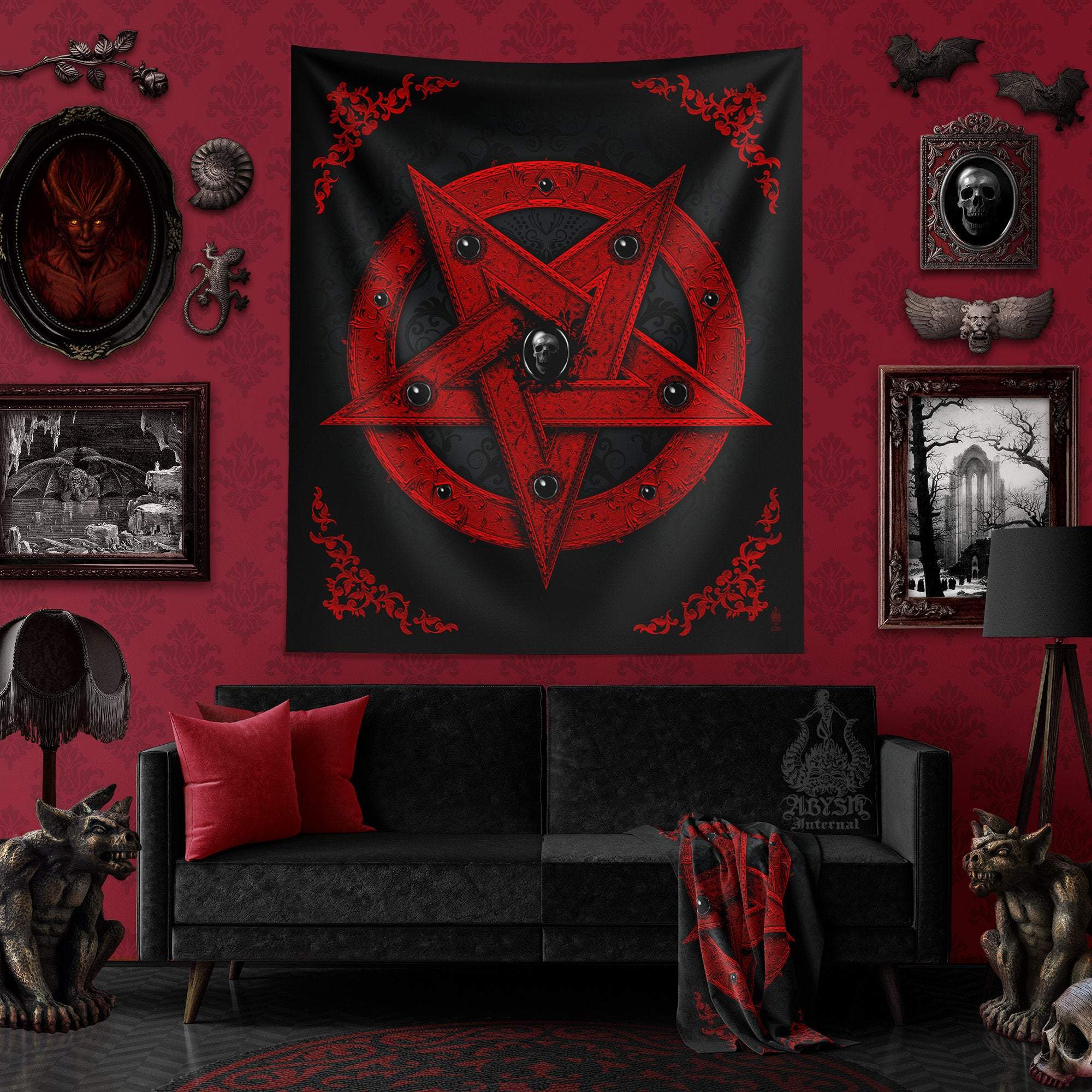 Pentagram Tapestry, Occult Wall Hanging, Satanic Home Decor, Art Print - Red - Abysm Internal