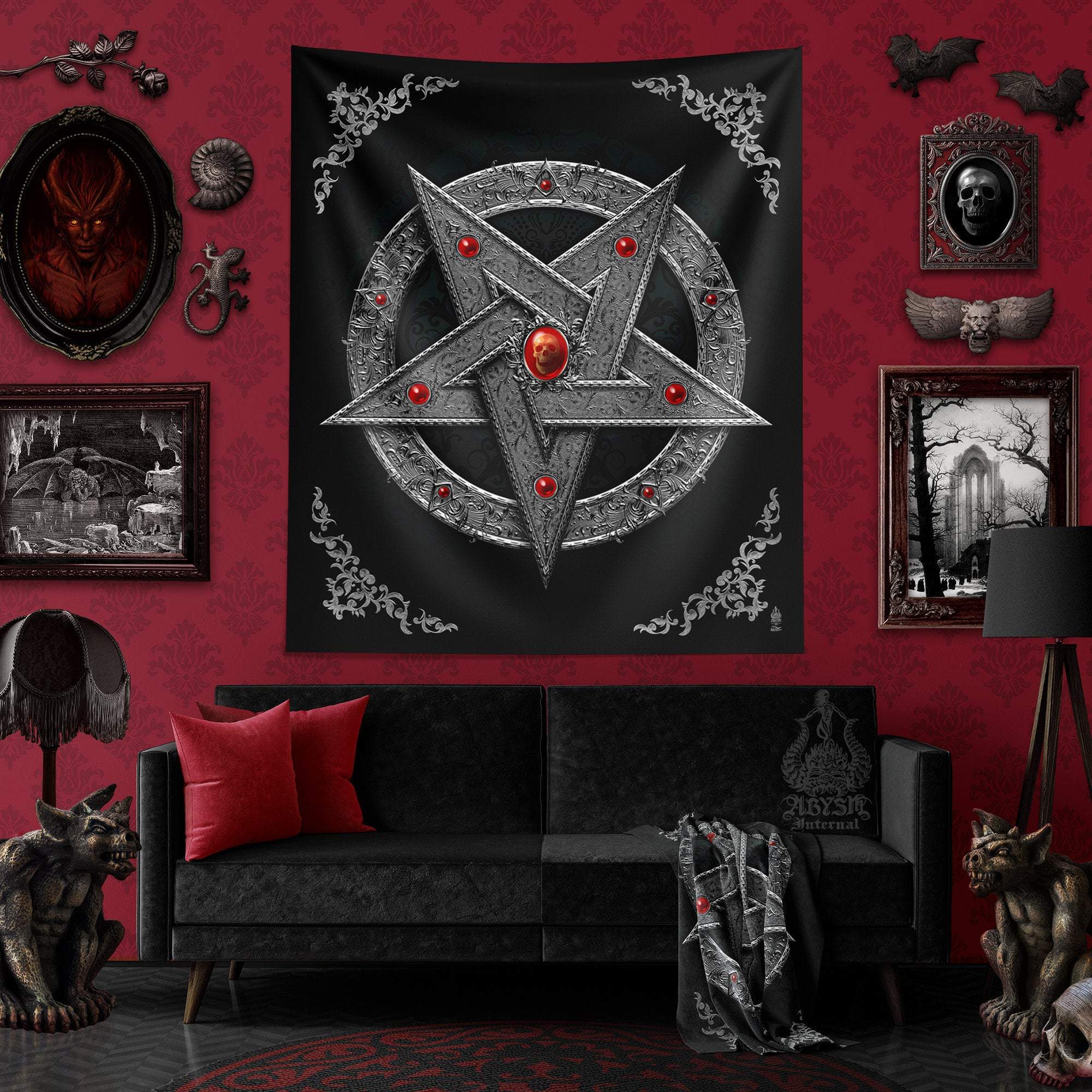 Pentagram Tapestry, Occult Wall Hanging, Satanic Home Decor, Art Print - Silver - Abysm Internal
