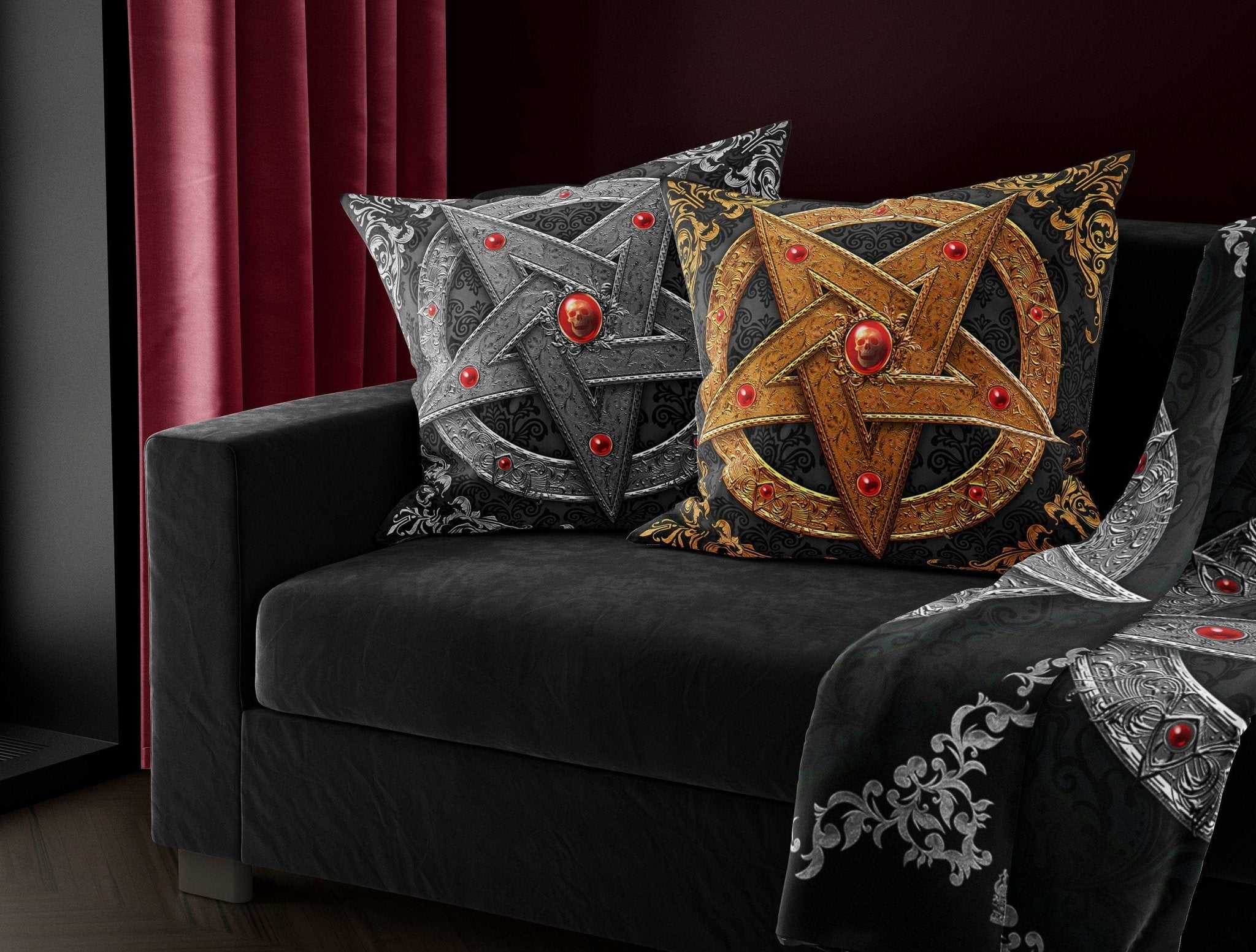 Pentagram Throw Pillow, Decorative Accent Cushion, Goth Home Decor, Satanic Art, Alternative, Funky and Eclectic Home - Silver - Abysm Internal