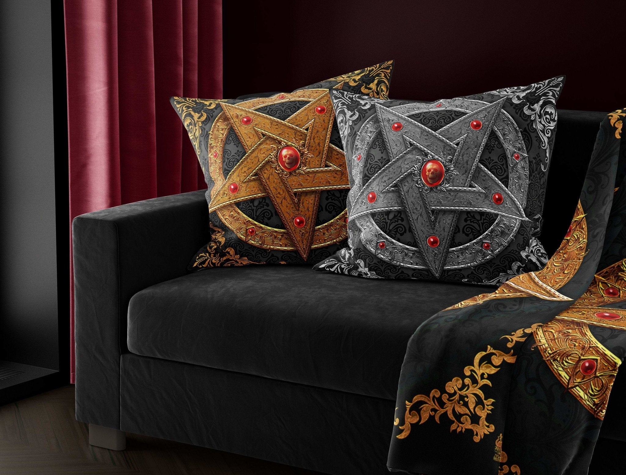 Pentagram Throw Pillow, Decorative Accent Cushion, Occult Home, Goth Art, Alternative Decor - Gold - Abysm Internal