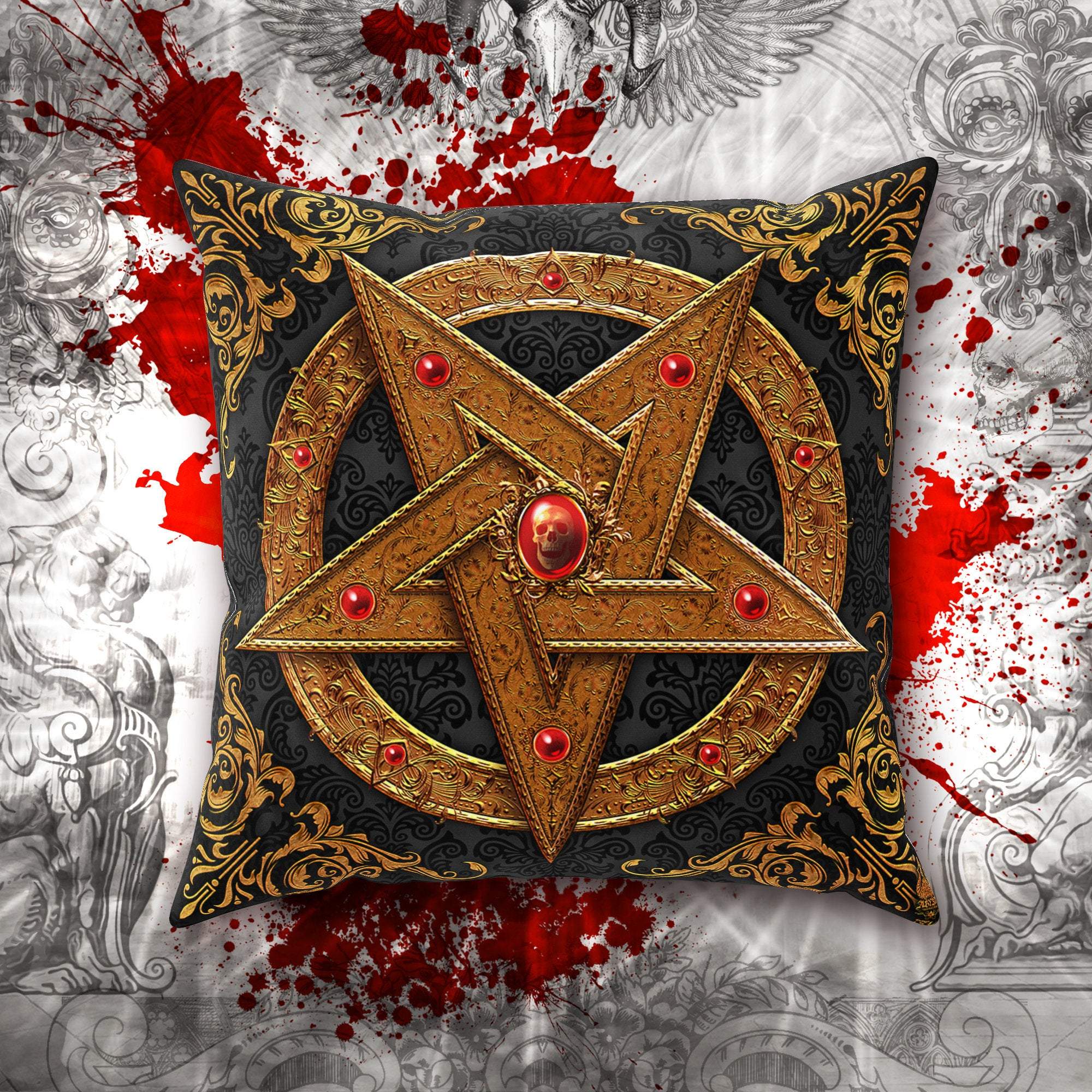 Pentagram Throw Pillow, Decorative Accent Cushion, Occult Home, Goth Art, Alternative Decor - Gold - Abysm Internal