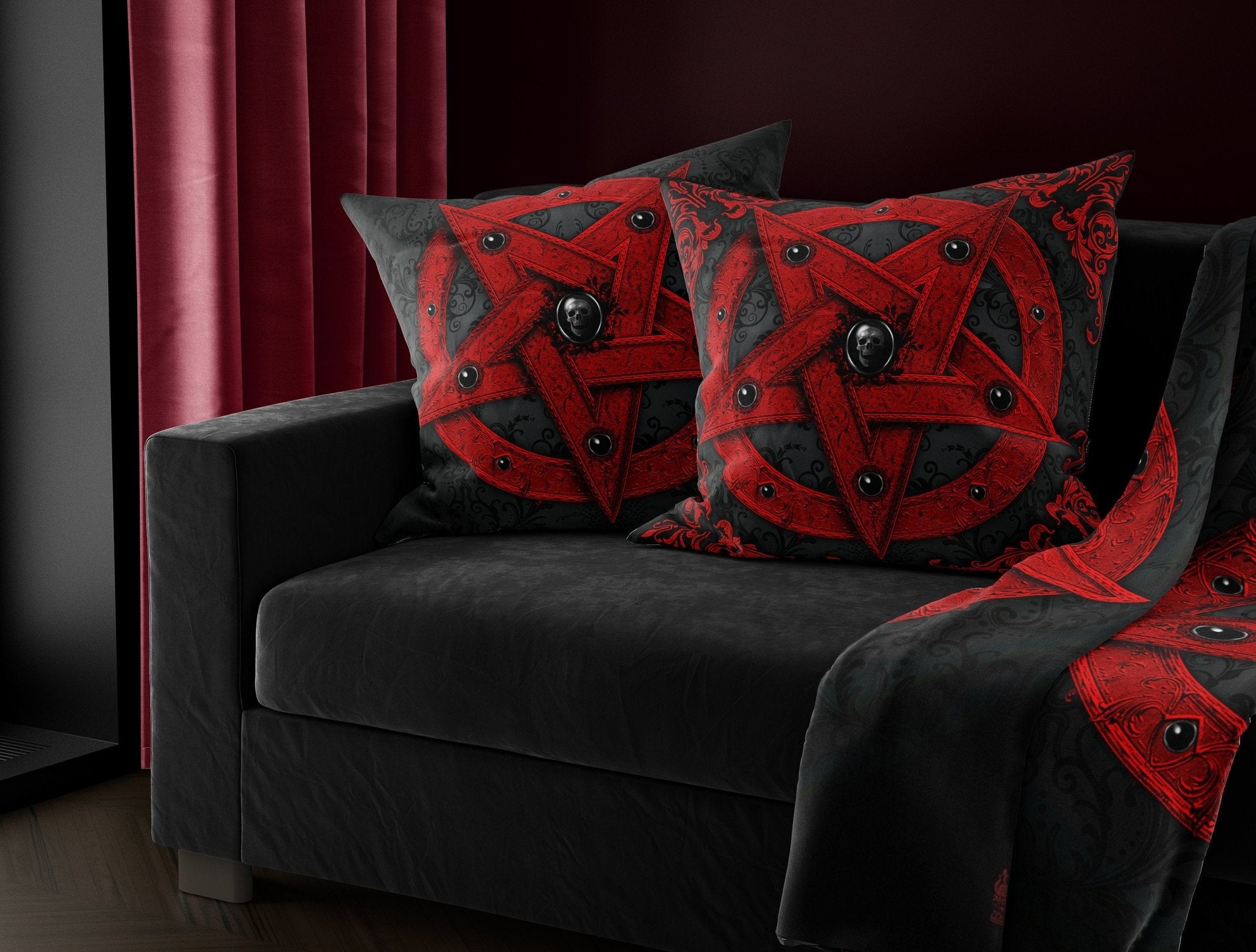 Pentagram Throw Pillow, Decorative Accent Cushion, Satanic Home, Goth Art, Alternative Decor - Red - Abysm Internal