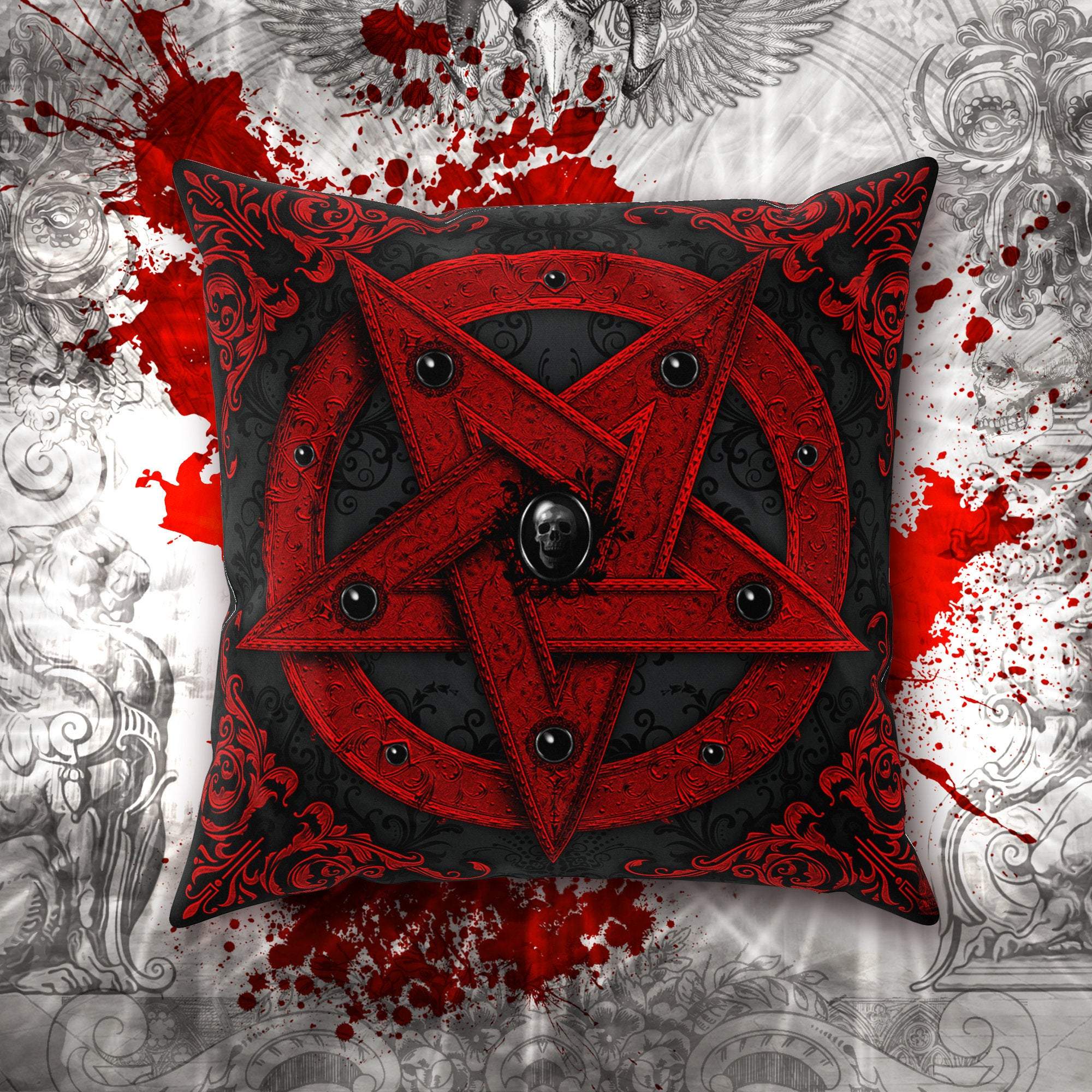 Pentagram Throw Pillow, Decorative Accent Cushion, Satanic Home, Goth Art, Alternative Decor - Red - Abysm Internal