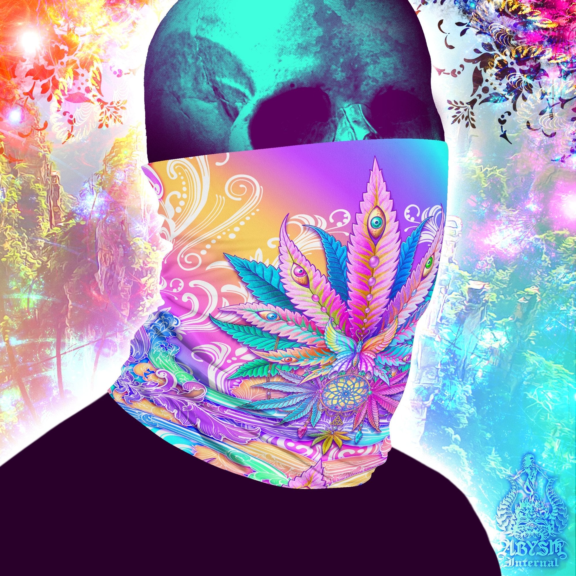 Pink Weed Neck Gaiter, Cannabis Face Mask, Pastel Marijuana Head Covering, Psychedelic Festival Outfit, 420 Gift - Aesthetic - Abysm Internal
