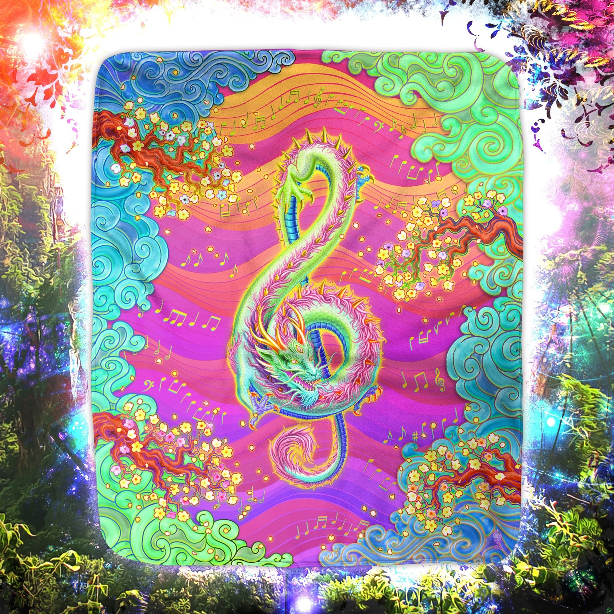 Psy Dragon Throw Fleece Blanket, Treble Clef, Music Art, Chinese Decor, Eclectic and Funky Gift - Psychedelic Neon - Abysm Internal