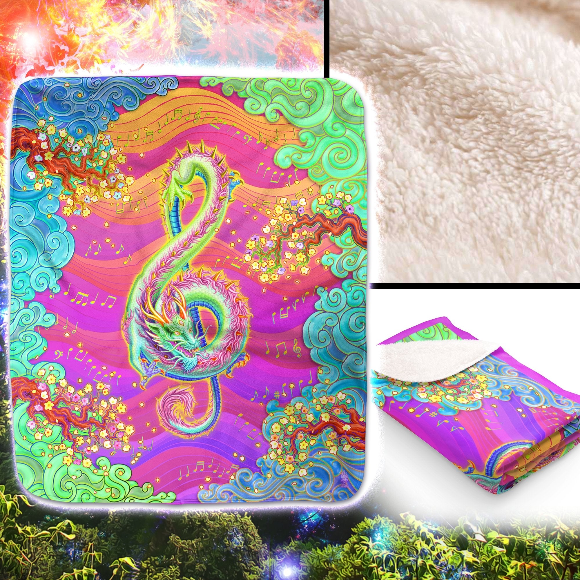 Psy Dragon Throw Fleece Blanket, Treble Clef, Music Art, Chinese Decor, Eclectic and Funky Gift - Psychedelic Neon - Abysm Internal