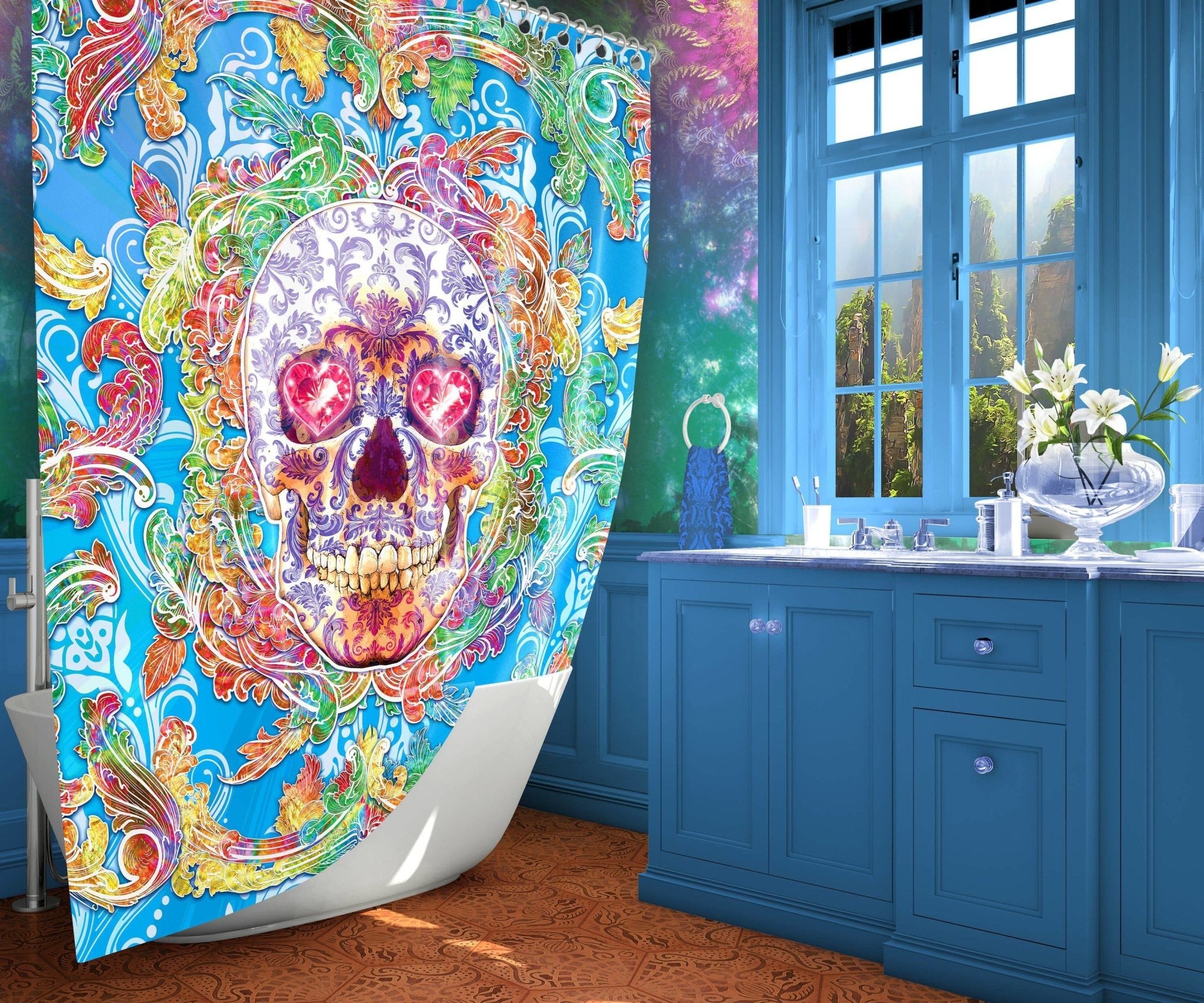 Psy Shower Curtain, Psychedelic Bathroom Decor, Festive, Macabre Decor - Skull Purple - Abysm Internal