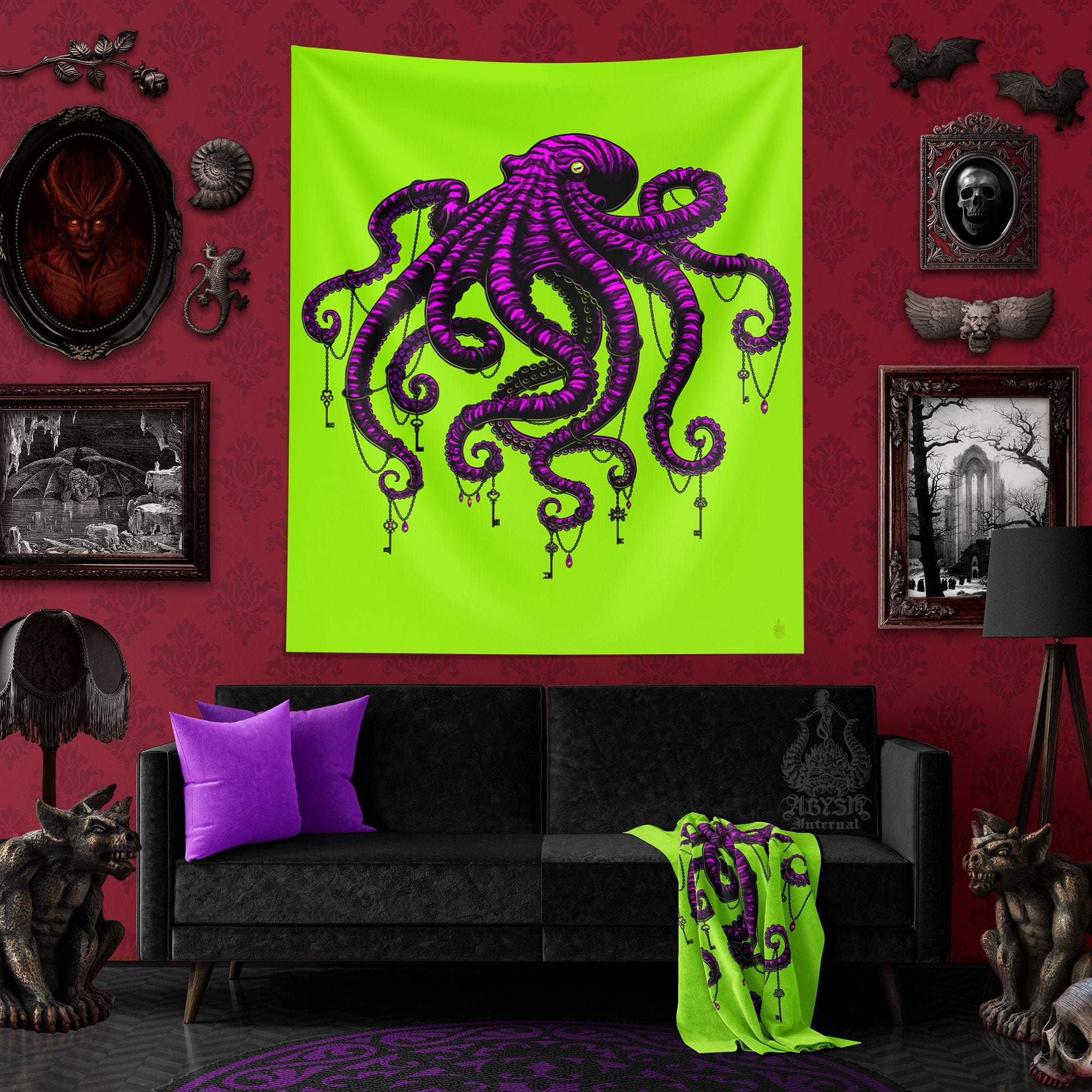 Psy Tapestry, Octopus Wall Hanging, Psychedelic Home Decor, Art Print - Gothic Neon - Abysm Internal