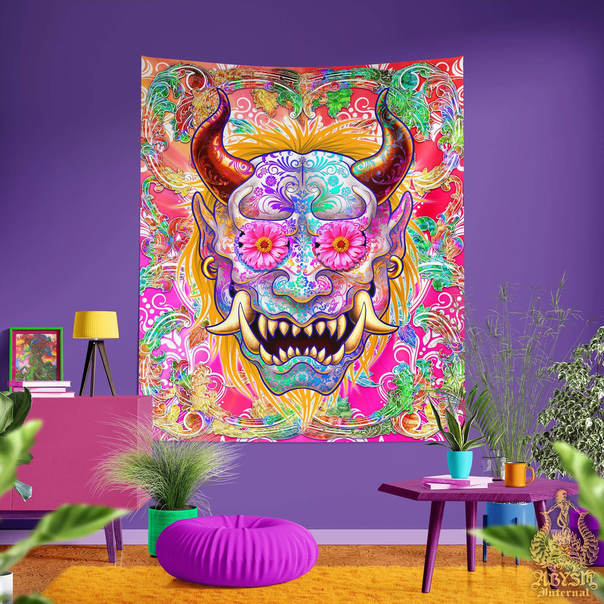 Psy Tapestry, Psychedelic Art Print, Japanese Demon - Colorful Oni - Abysm Internal