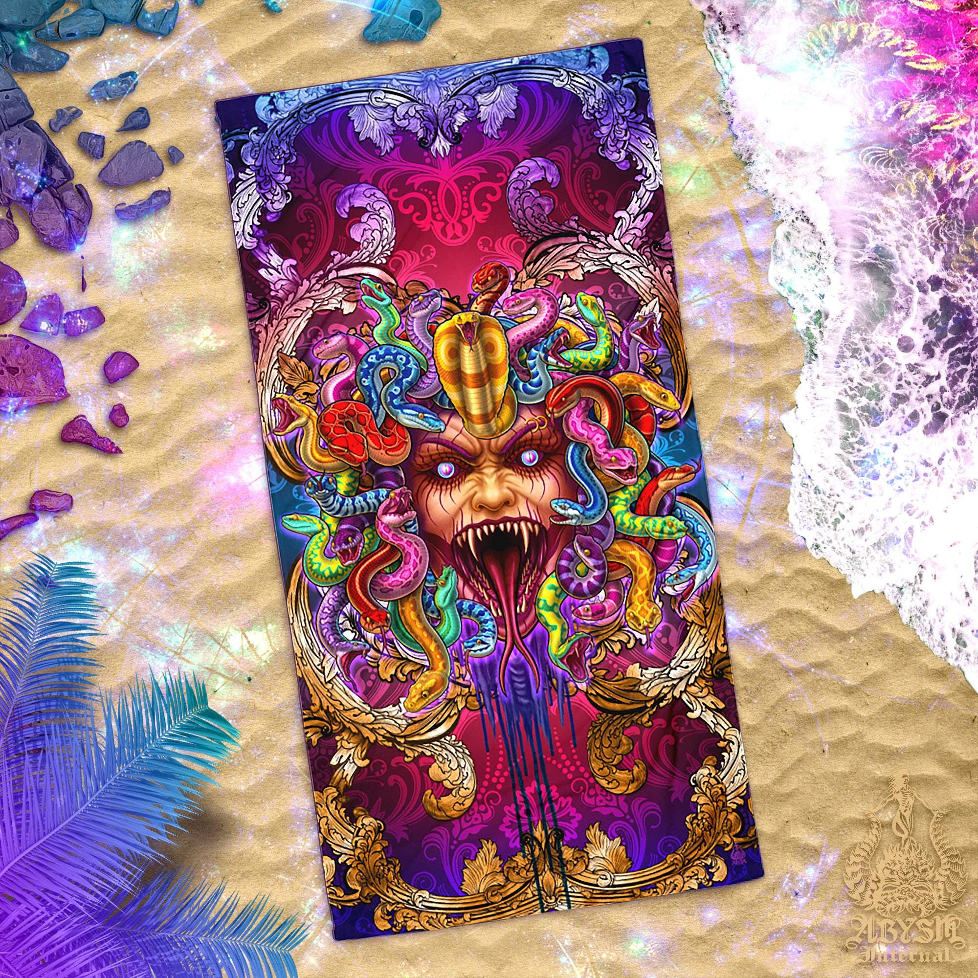Psychedelic Beach Towel, Psy Medusa, Cool Gift Idea for Gamer Art, Rave Snakes - Abysm Internal
