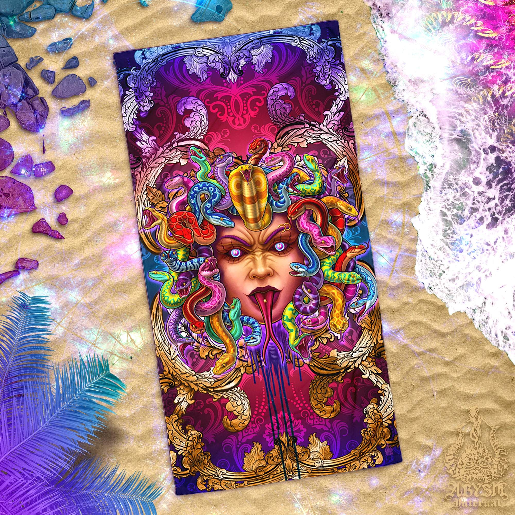 Psychedelic Beach Towel, Psy Medusa, Cool Gift Idea for Gamer Art, Rave Snakes - Abysm Internal