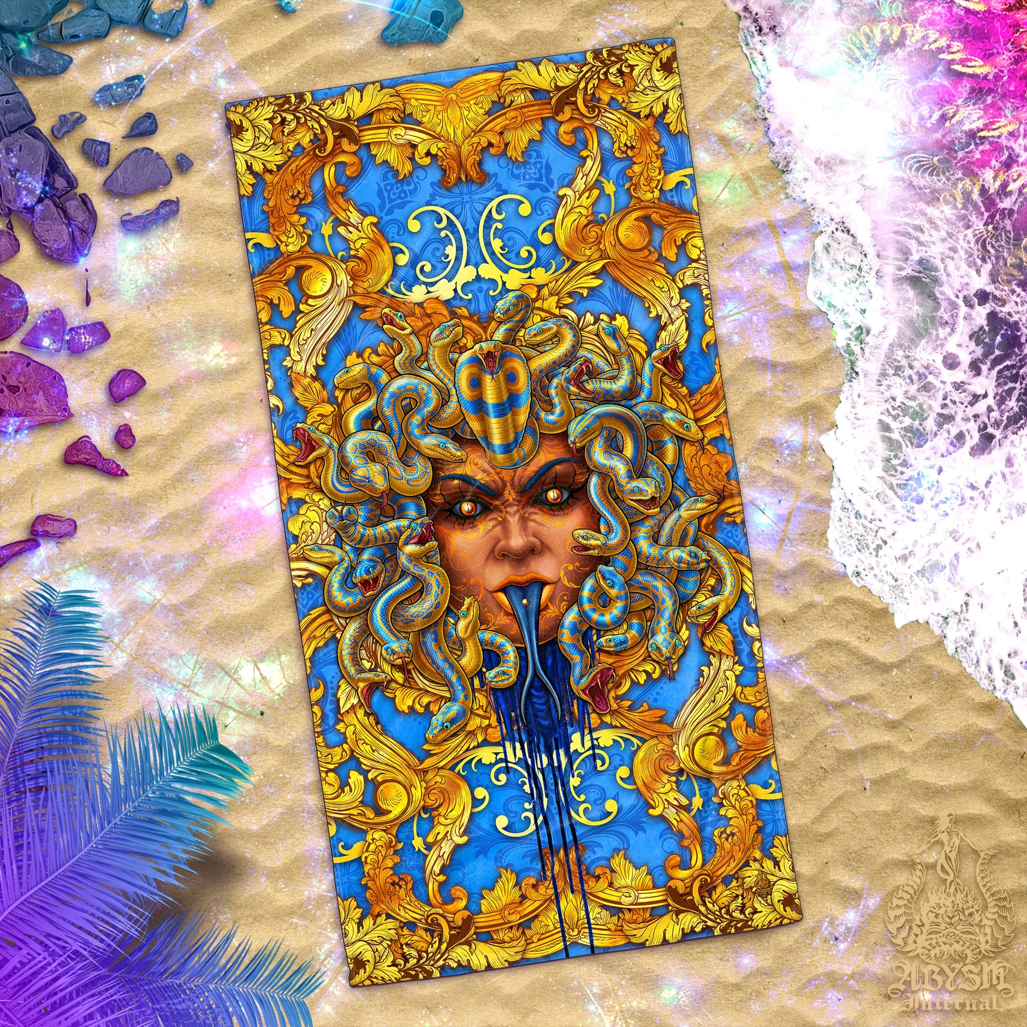 Psychedelic Beach Towel, Psy Medusa, Rave Snakes - Cyan, Gold, Nature, Ash, 4 Colors, Faces - Abysm Internal