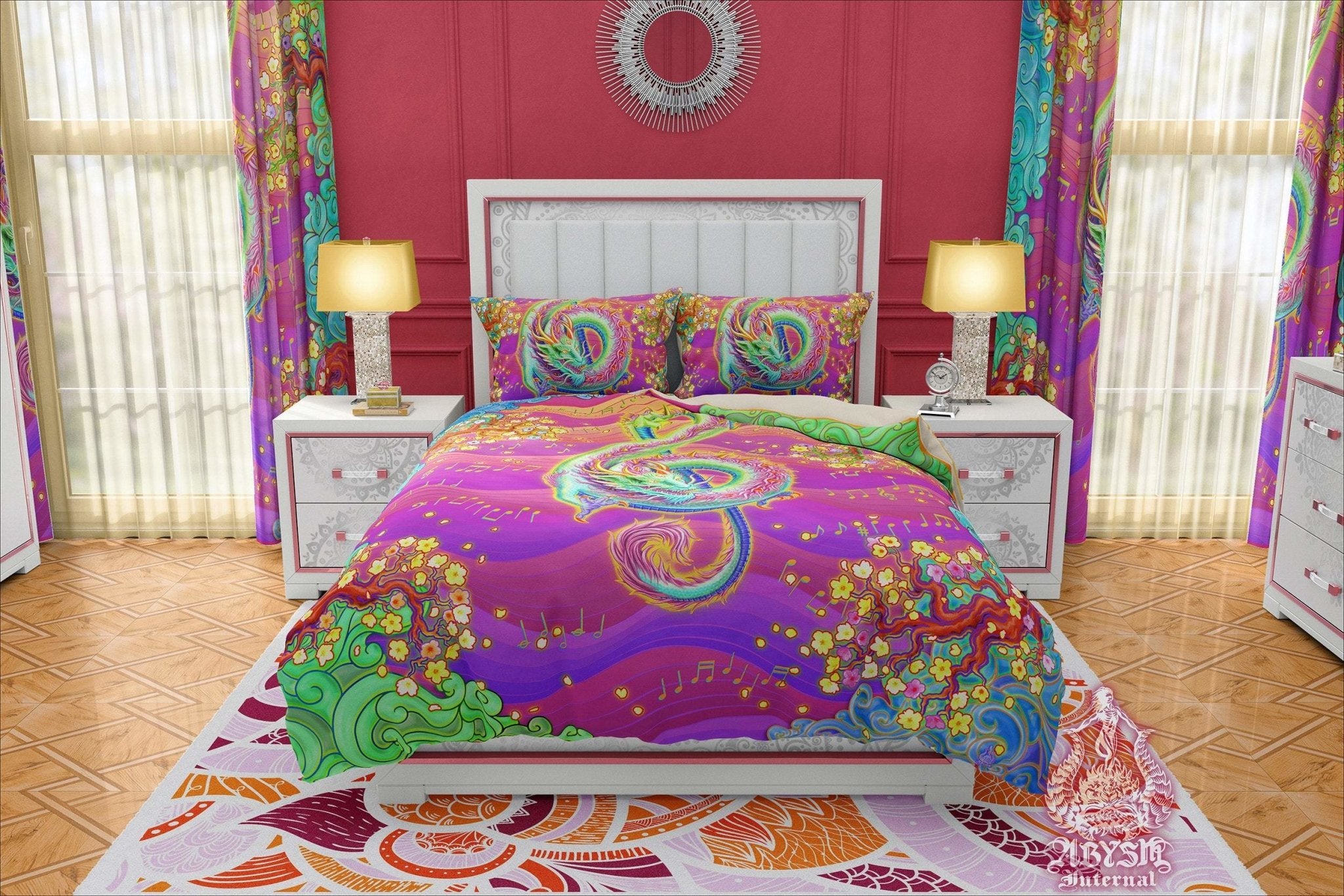 Psychedelic Bedding Set, Comforter and Duvet, Indie Bed Cover and Bedroom Decor, King, Queen and Twin Size - Neon Dragon, Kidcore - Abysm Internal