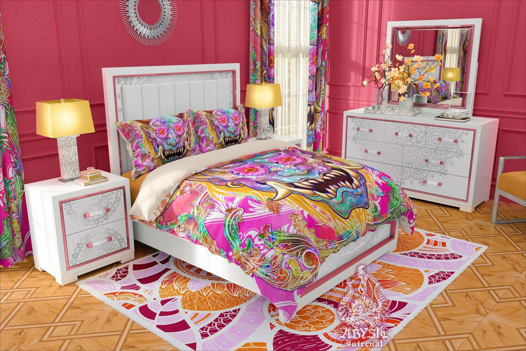 Psychedelic Bedding Set, Comforter and Duvet, Indie Indie Bed Cover and Bedroom Decor, King, Queen and Twin Size - Psy Oni, Japanese Demon - Abysm Internal