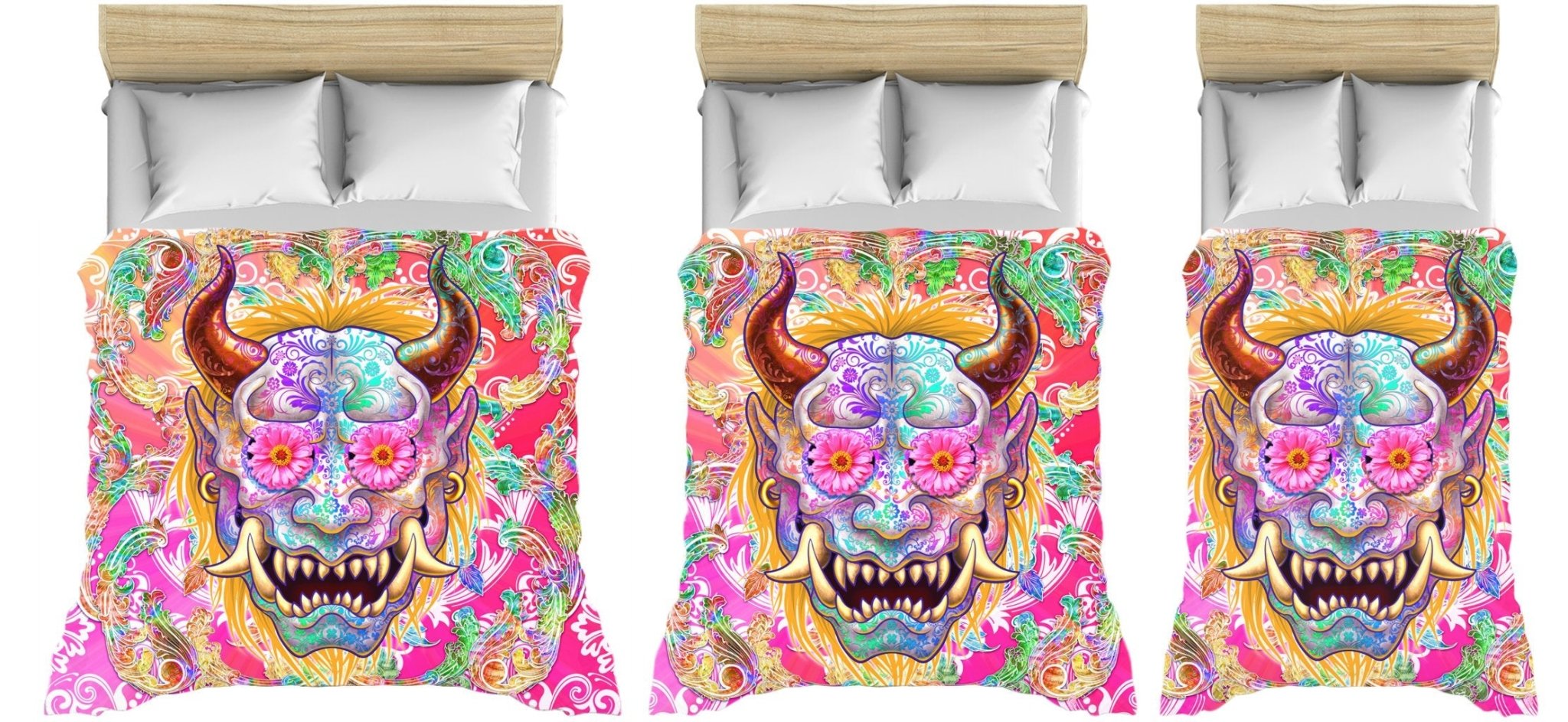 Psychedelic Bedding Set, Comforter and Duvet, Indie Indie Bed Cover and Bedroom Decor, King, Queen and Twin Size - Psy Oni, Japanese Demon - Abysm Internal