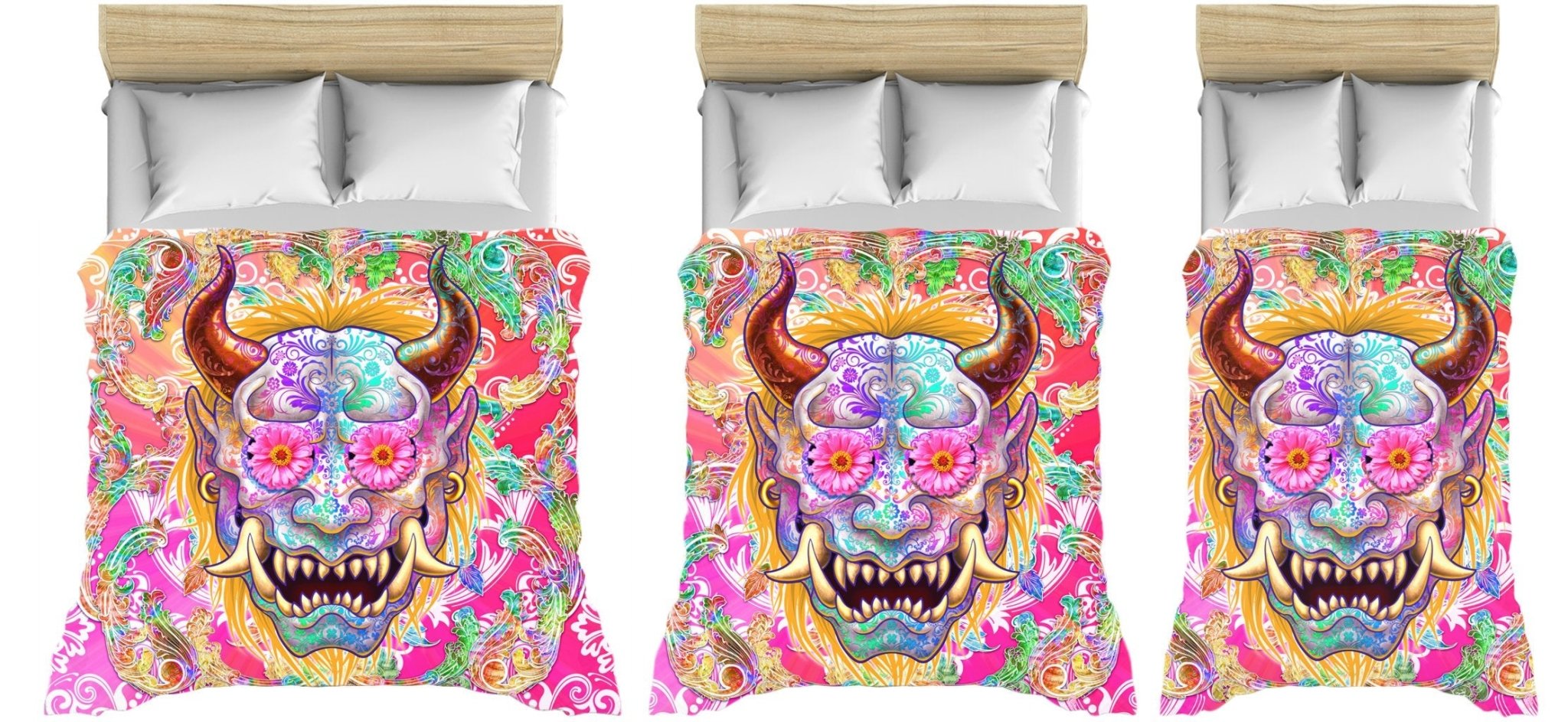 Psychedelic Bedding Set, Comforter and Duvet, Indie Indie Bed Cover and Bedroom Decor, King, Queen and Twin Size - Psy Oni, Japanese Demon - Abysm Internal
