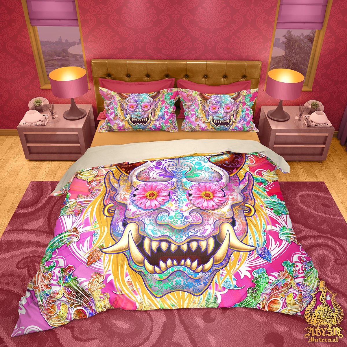 Psychedelic Bedding Set, Comforter and Duvet, Indie Indie Bed Cover and Bedroom Decor, King, Queen and Twin Size - Psy Oni, Japanese Demon - Abysm Internal