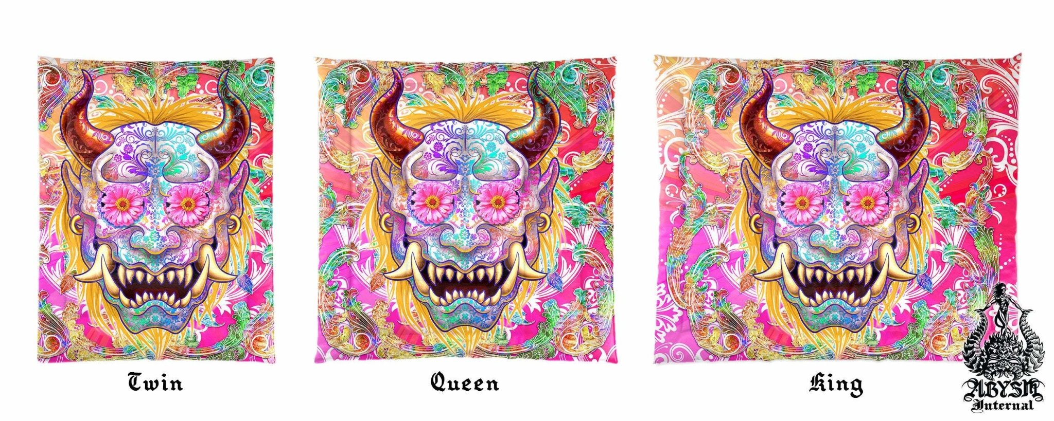 Psychedelic Bedding Set, Comforter and Duvet, Indie Indie Bed Cover and Bedroom Decor, King, Queen and Twin Size - Psy Oni, Japanese Demon - Abysm Internal