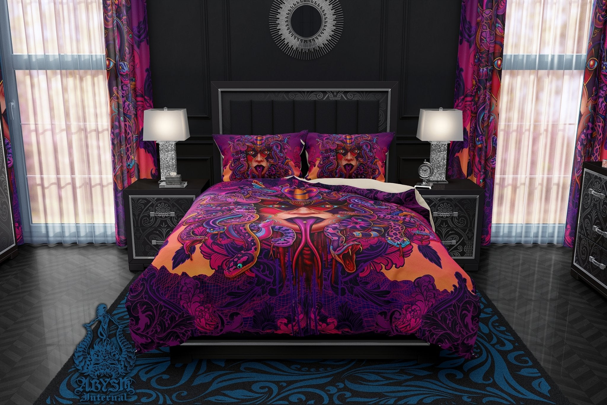 Psychedelic Bedding Set, Comforter and Duvet, Vaporwave Bed Cover and Retrowave Bedroom Decor, King, Queen and Twin Size, Synthwave and Fantasy Gamer 80s Room - Medusa Mock - Abysm Internal
