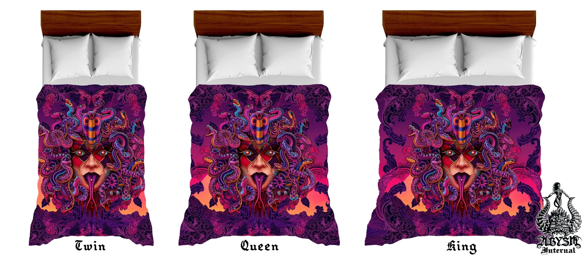 Psychedelic Bedding Set, Comforter and Duvet, Vaporwave Bed Cover and Retrowave Bedroom Decor, King, Queen and Twin Size, Synthwave and Fantasy Gamer 80s Room - Medusa Mock - Abysm Internal