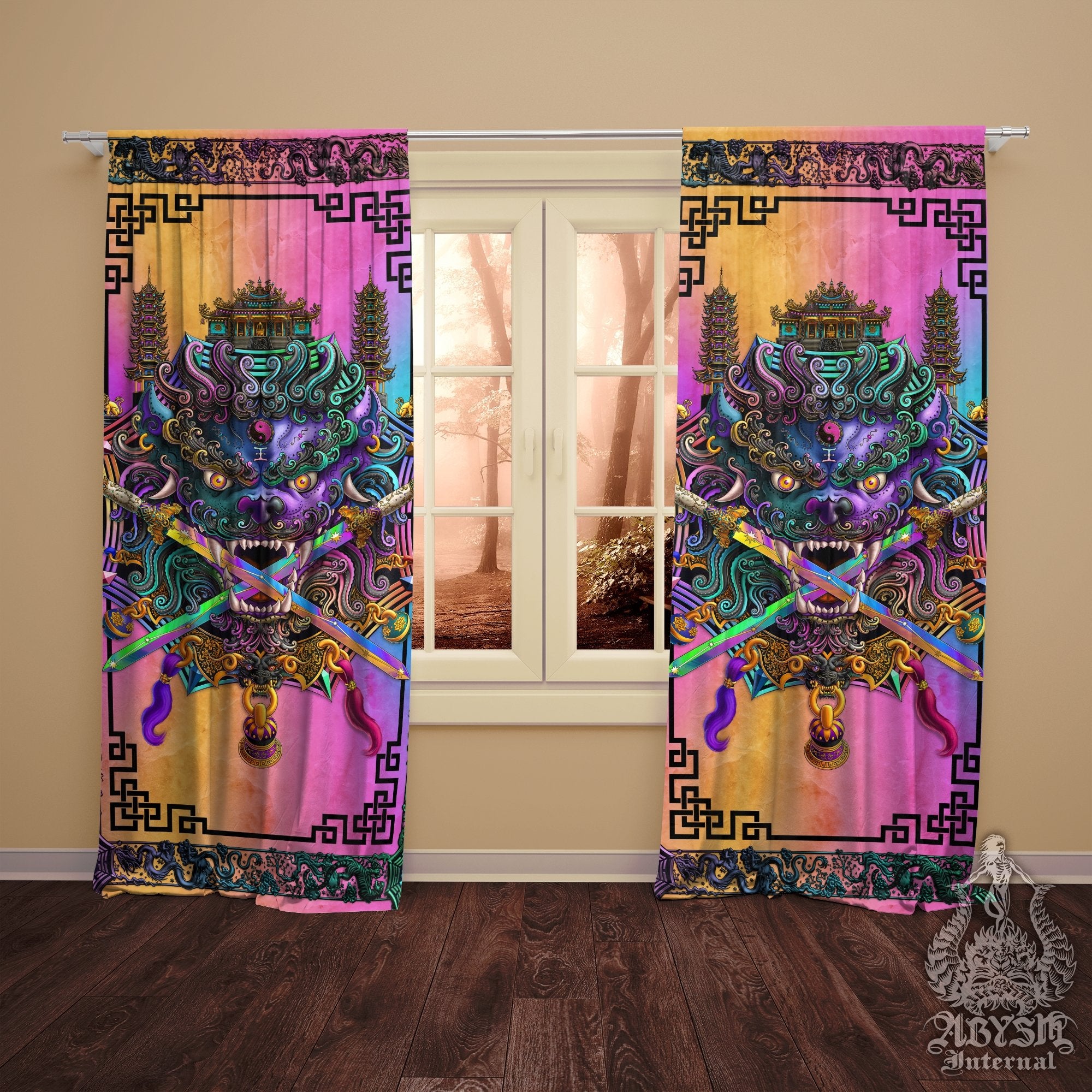 Psychedelic Blackout Curtains, Chinese Long Window Panels, Taiwan Sword Lion, Aesthetic and Game Room Decor, Art Print, Funky and Eclectic Home Decor - Pastel Punk Black - Abysm Internal