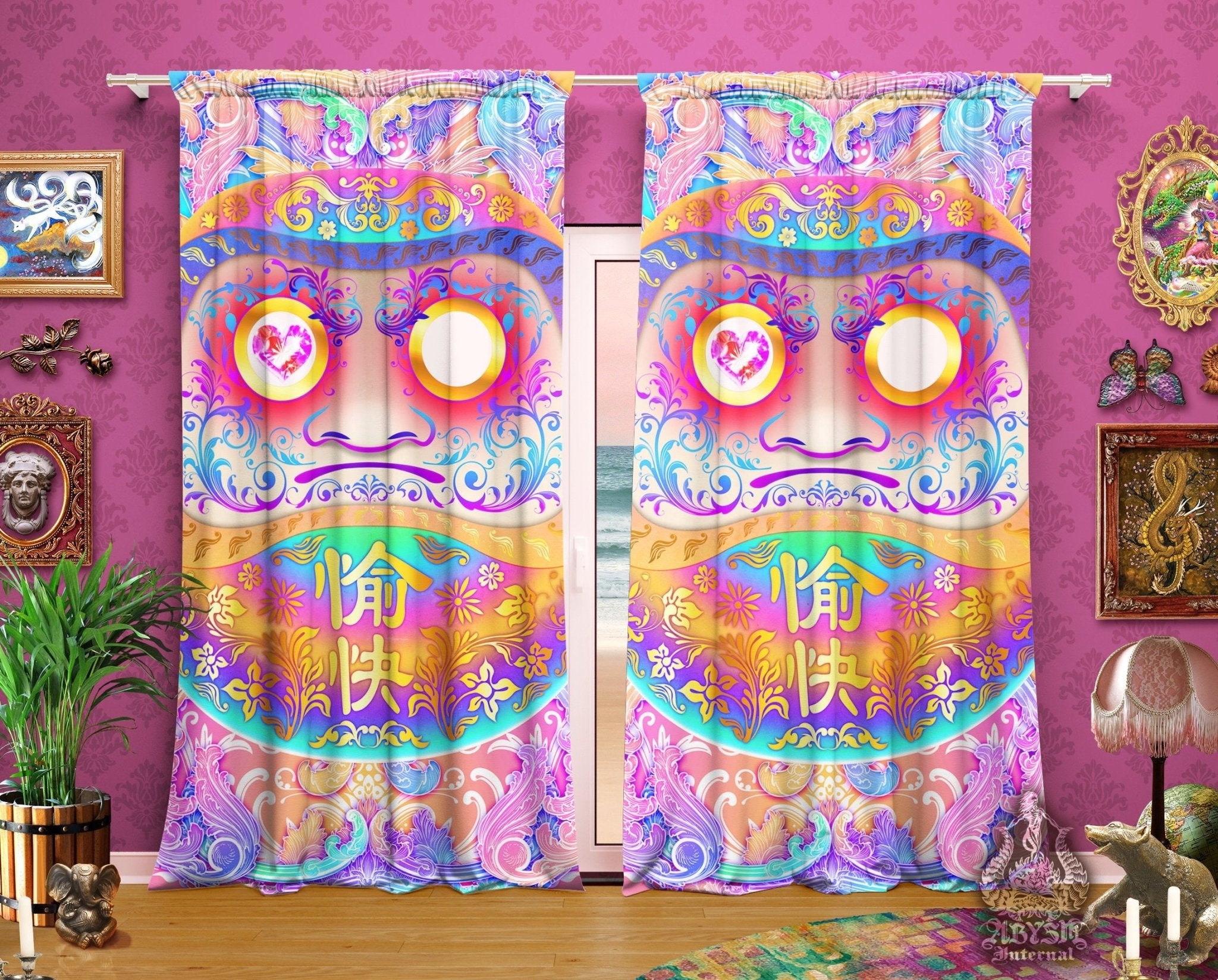 Psychedelic Blackout Curtains, Long Window Panels, Fairy Kei, Holographic and Aesthetic Room Decor, Funny Anime Decor, Art Print, Funky and Eclectic Home Decor - Pastel Daruma - Abysm Internal