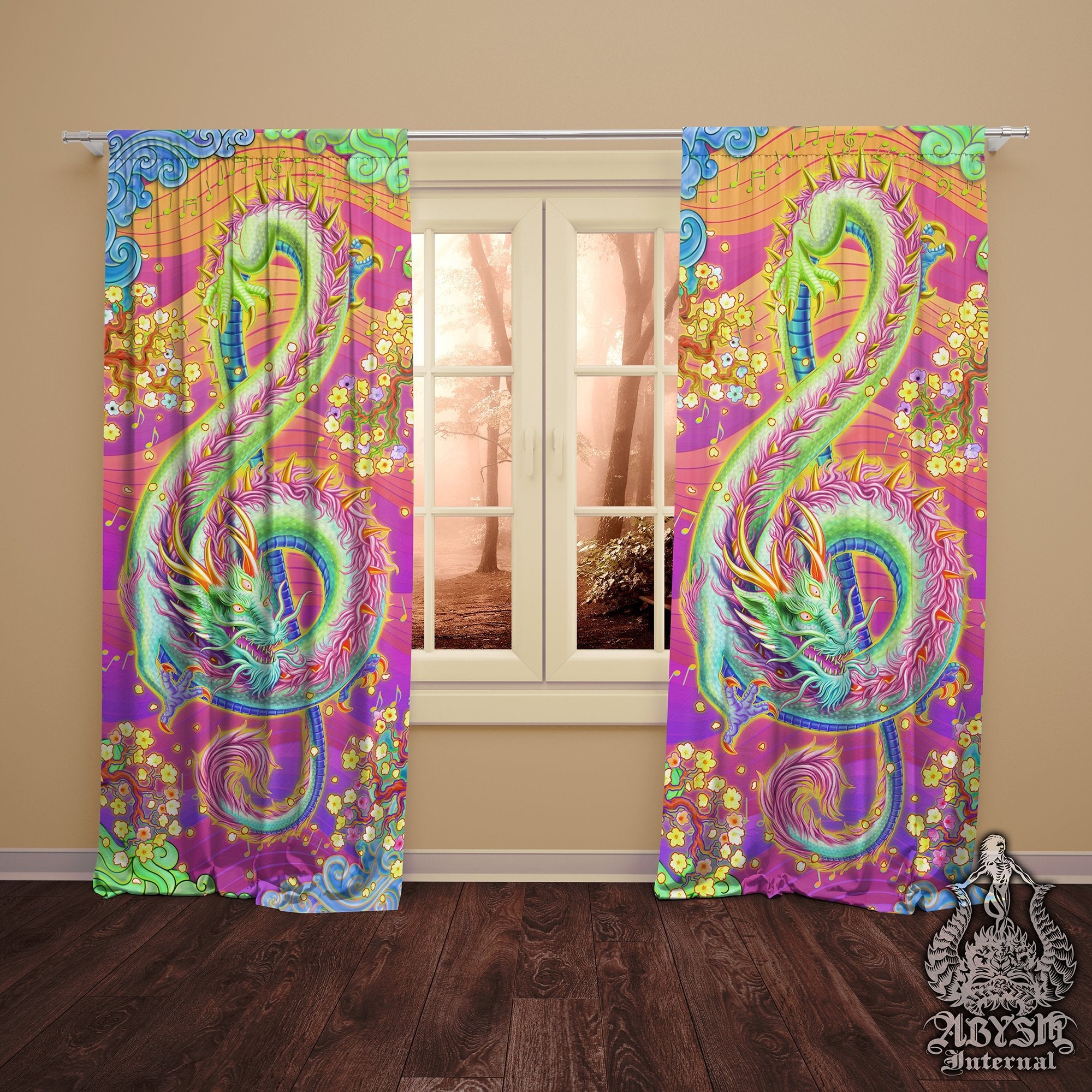 Psychedelic Blackout Curtains, Long Window Panels, Kidcore Room, Indie and Alternative Decor, Art Print - Psy Neon Dragon - Abysm Internal