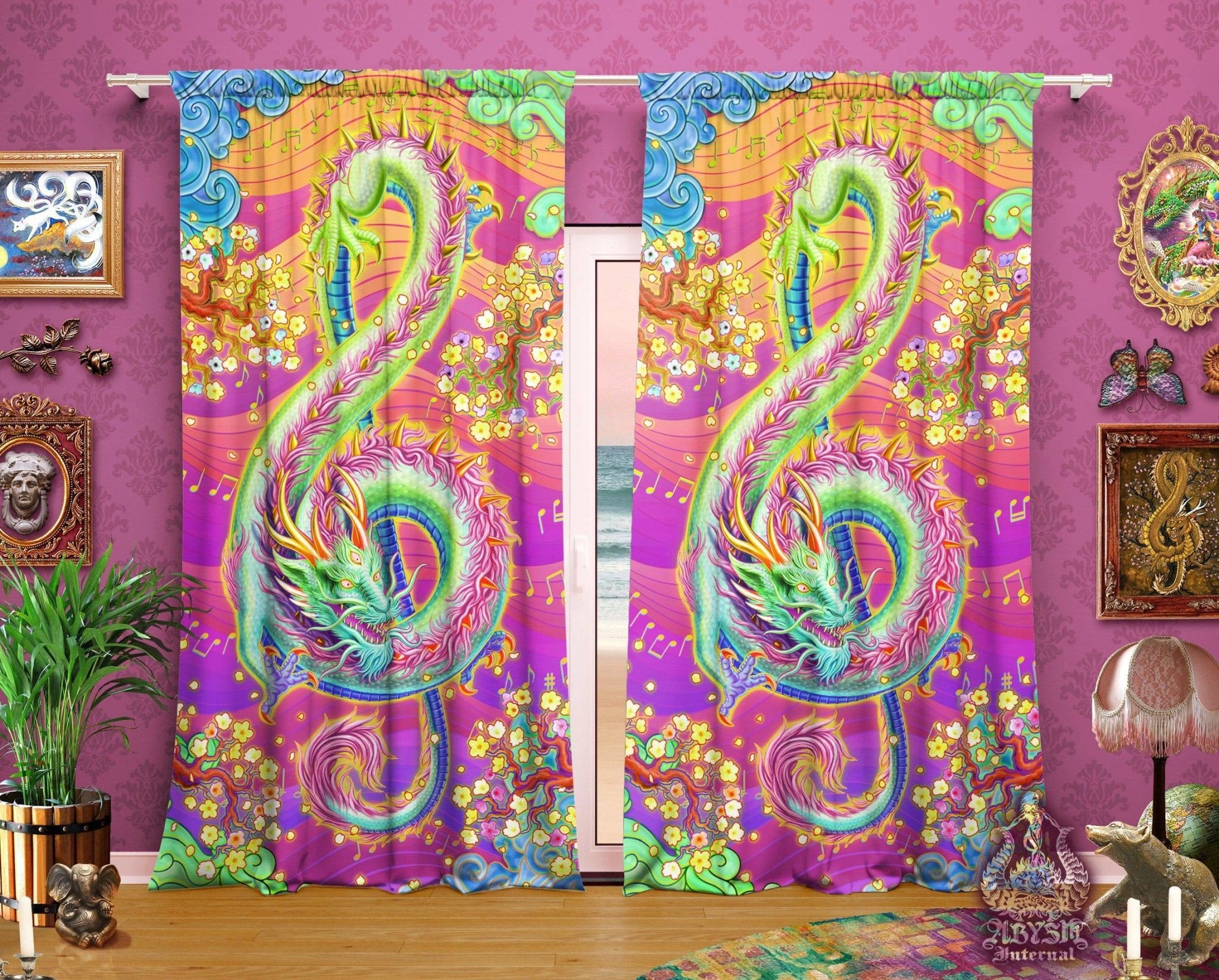 Psychedelic Blackout Curtains, Long Window Panels, Kidcore Room, Indie and Alternative Decor, Art Print - Psy Neon Dragon - Abysm Internal