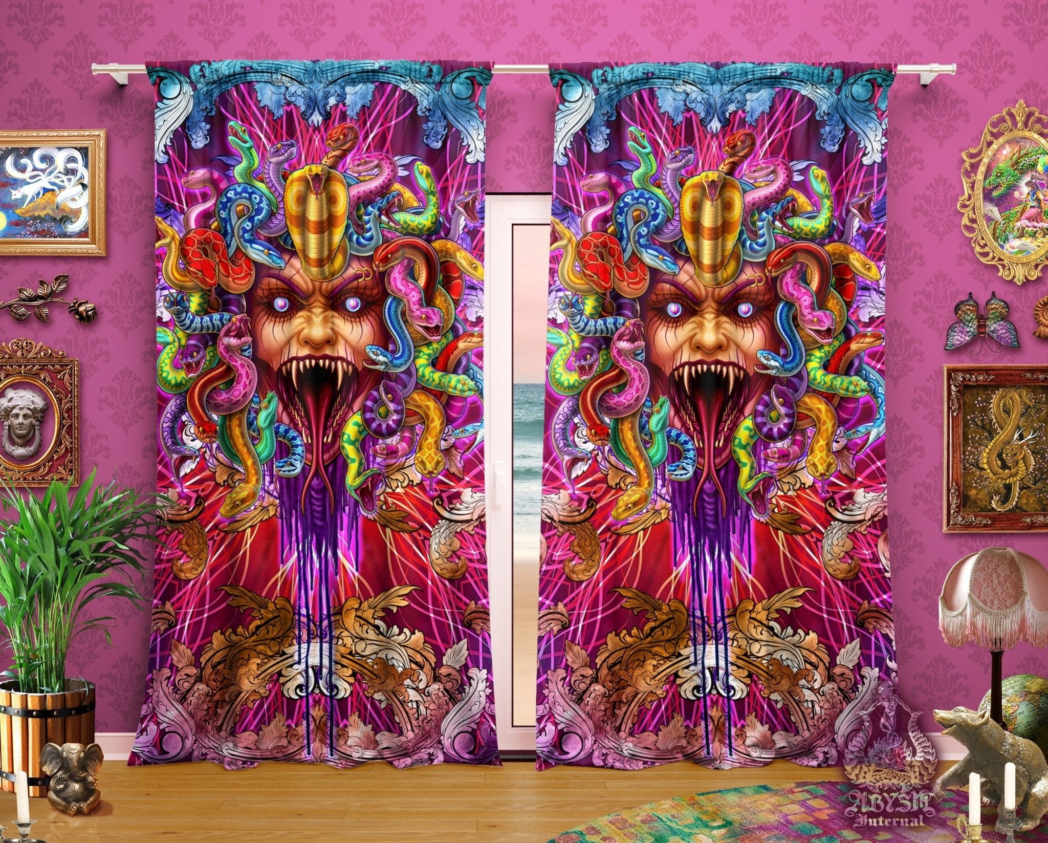 Psychedelic Blackout Curtains, Long Window Panels, Psy Art Print, Trippy and Indie Room Decor - Rainbow Medusa & Snakes, Enraged - Abysm Internal